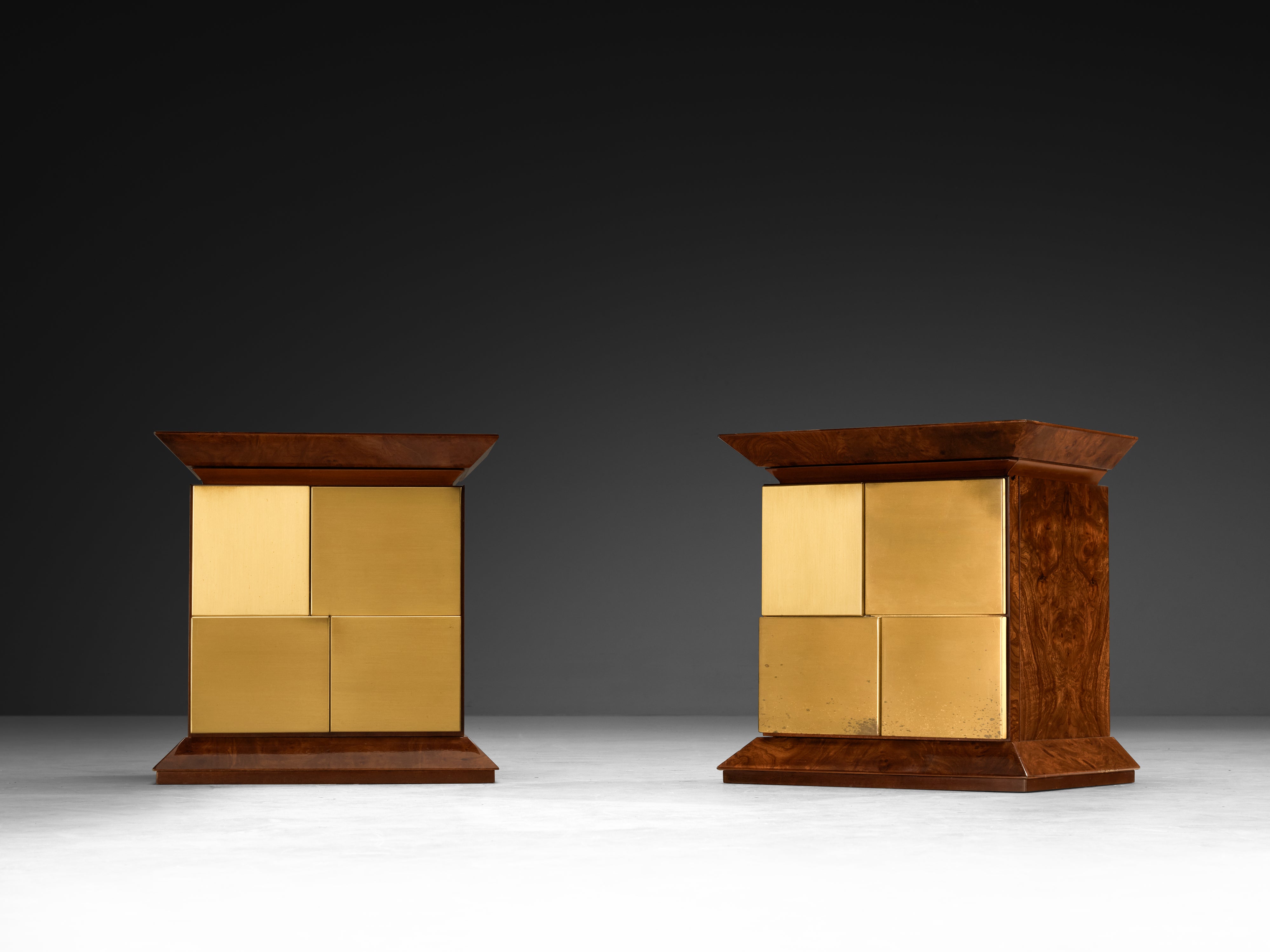 Luciano Frigerio Pair of Night Stands in Elm Burl and Brass More Furniture and Collectibles Morentz