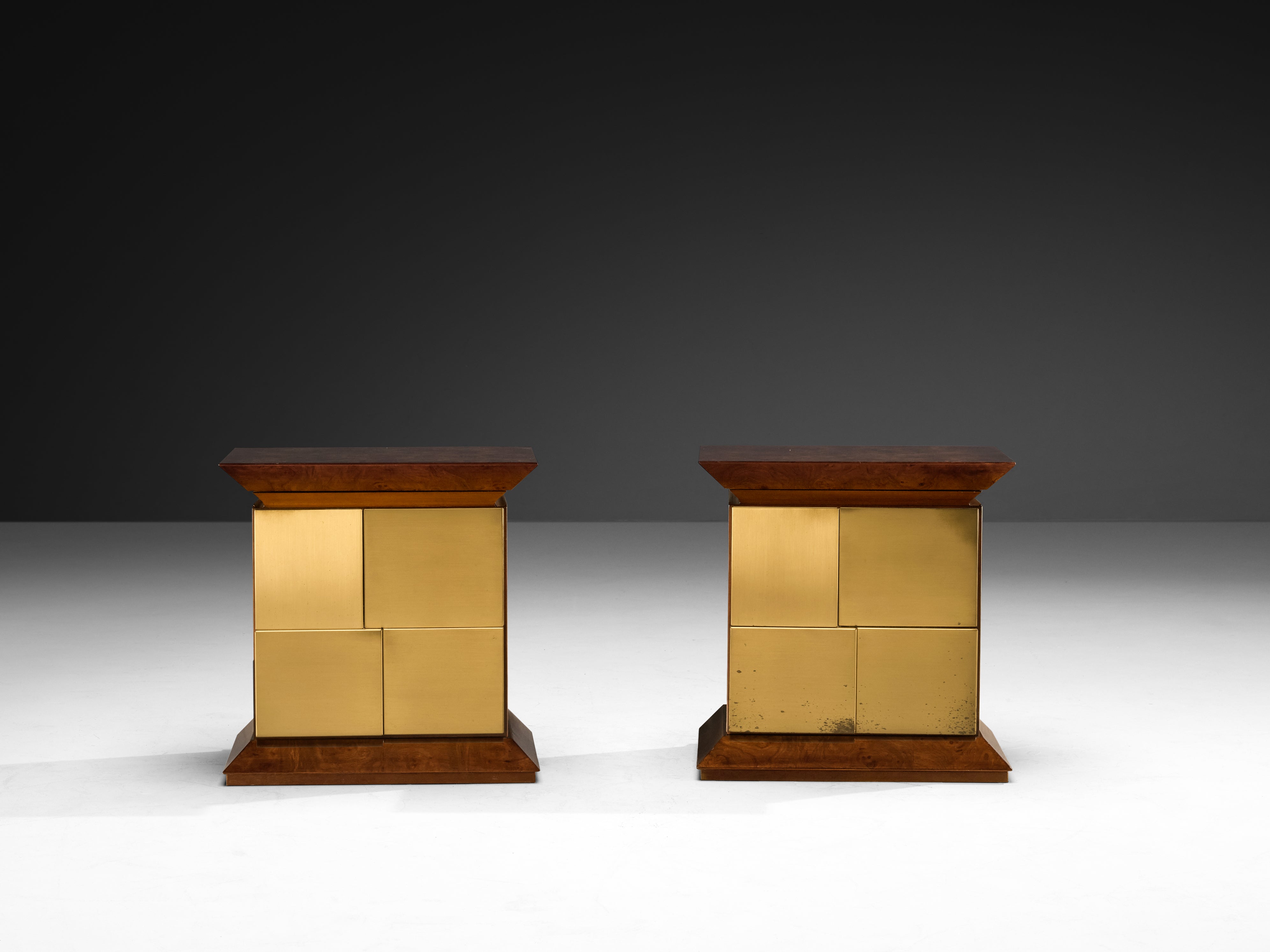 Luciano Frigerio Pair of Night Stands in Elm Burl and Brass More Furniture and Collectibles Morentz