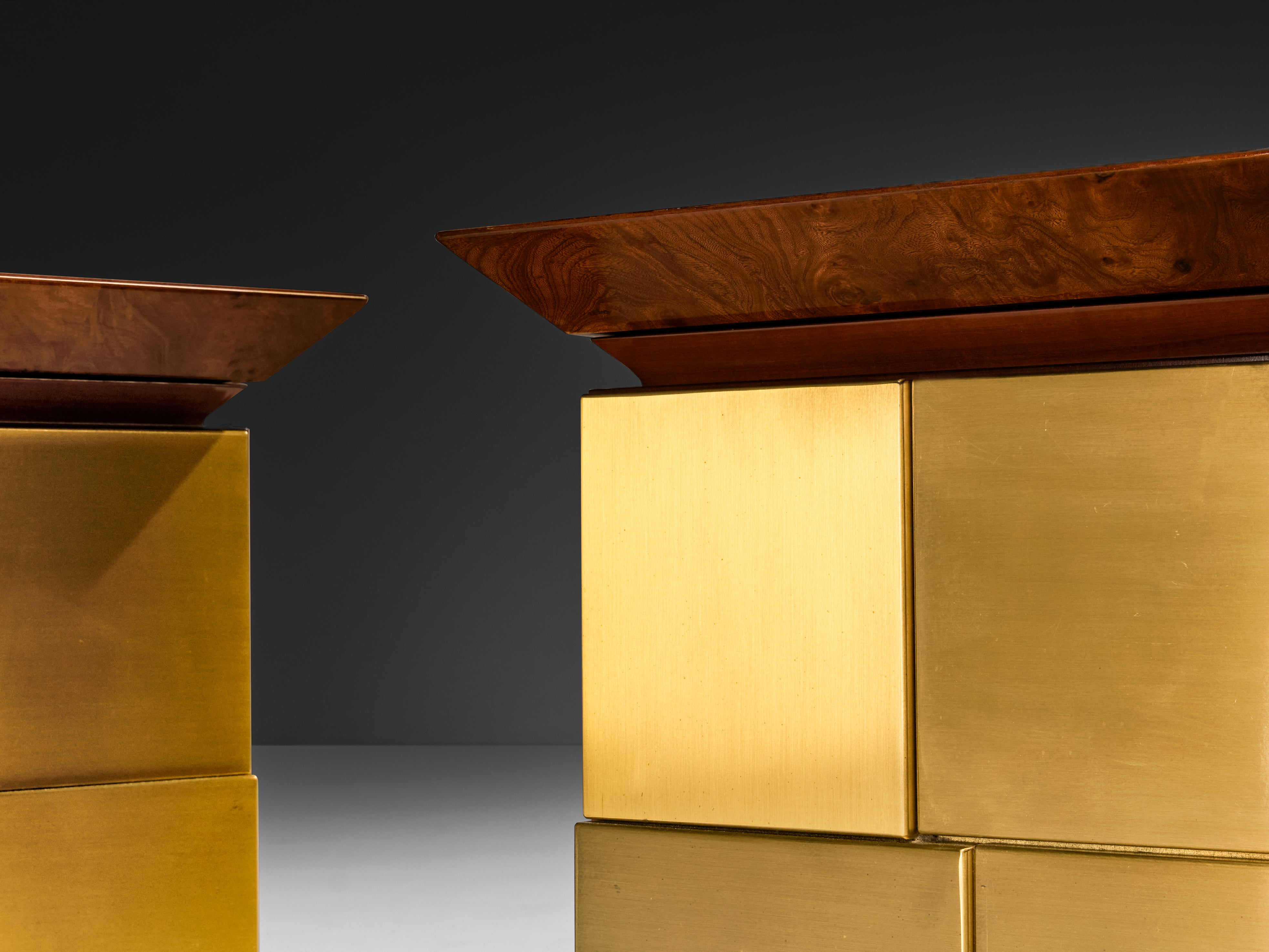 Luciano Frigerio Pair of Night Stands in Elm Burl and Brass More Furniture and Collectibles Morentz