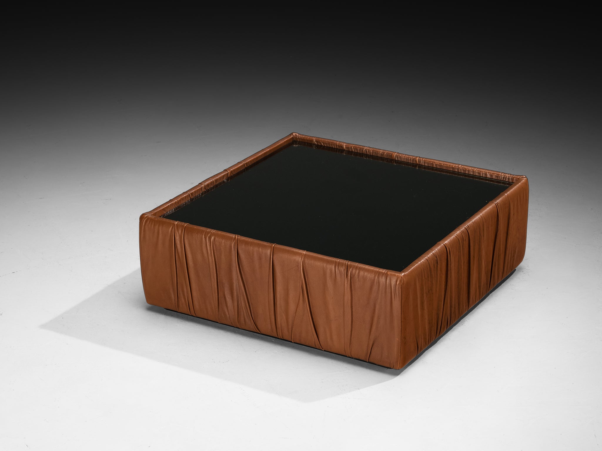 Seven Salotti Italian Coffee Table in Brown Leather and Black Glass Tables Morentz