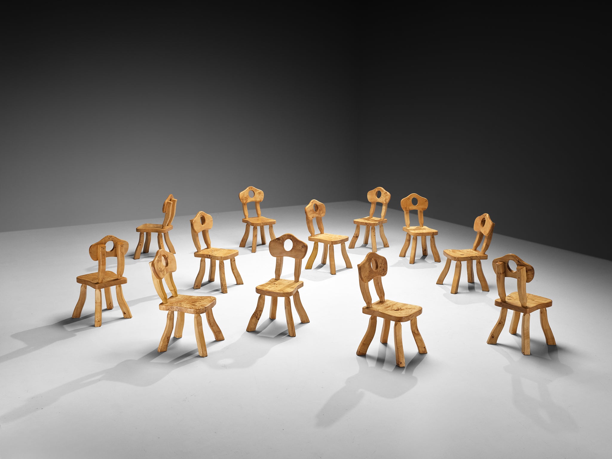 Naturalistic Set of Twelve Dining Chairs in Solid Maple Seating Morentz