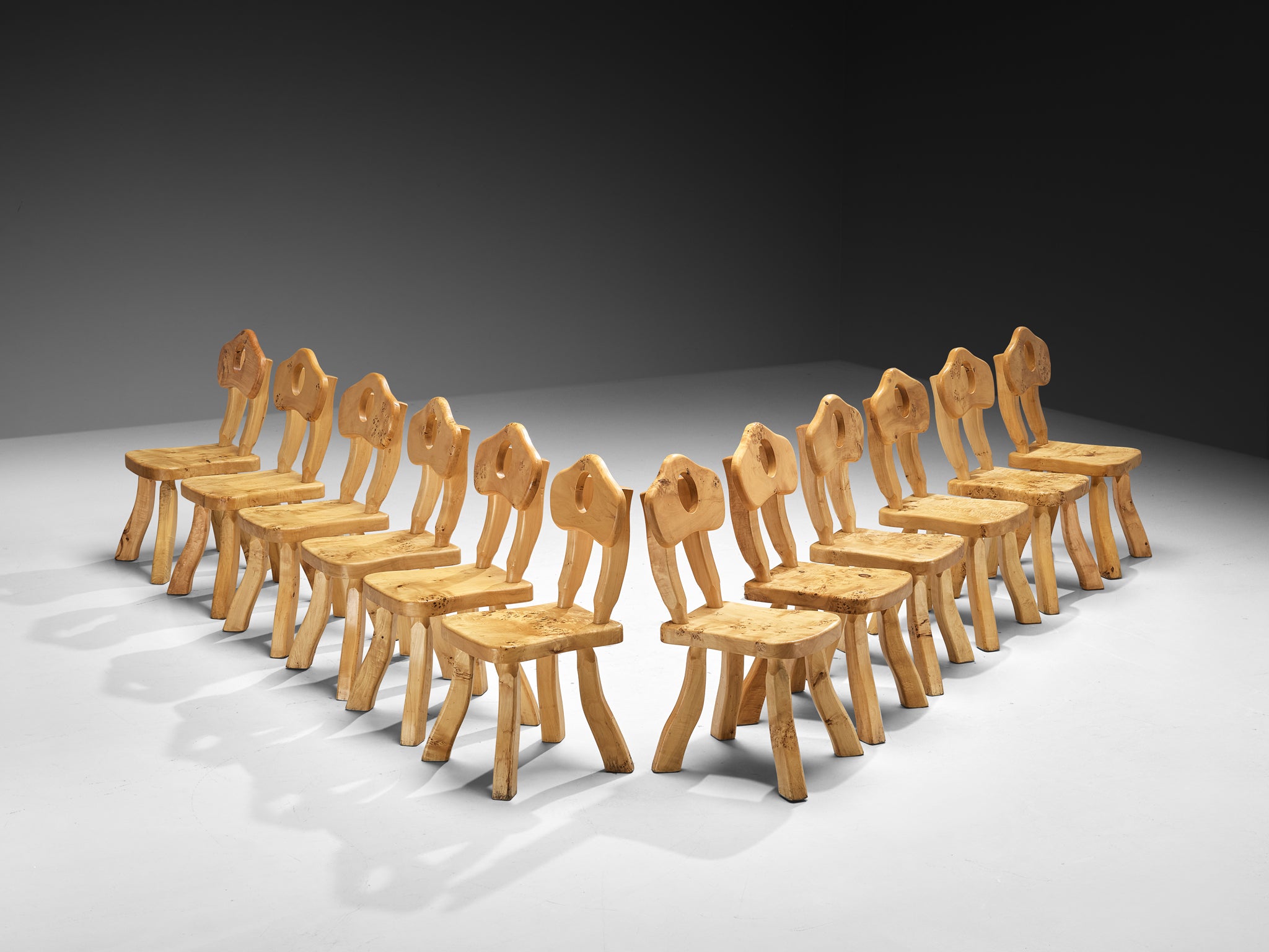 Naturalistic Set of Twelve Dining Chairs in Solid Maple Seating Morentz