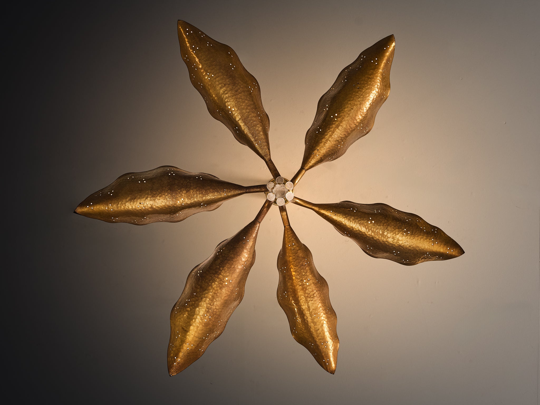 Angelo Lelii for Arredoluce Chandelier in Hammered Brass Lighting Morentz
