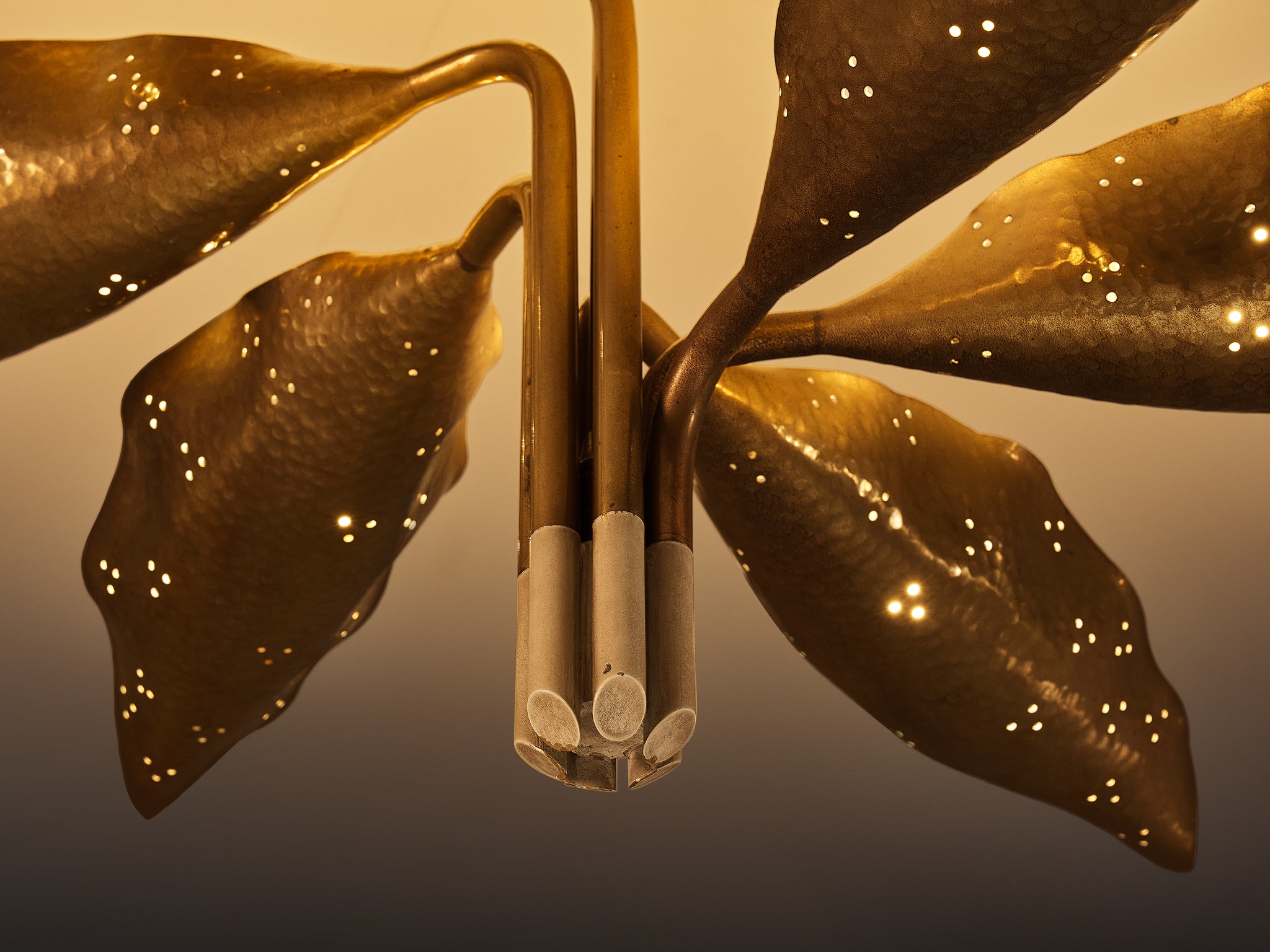 Angelo Lelii for Arredoluce Chandelier in Hammered Brass Lighting Morentz