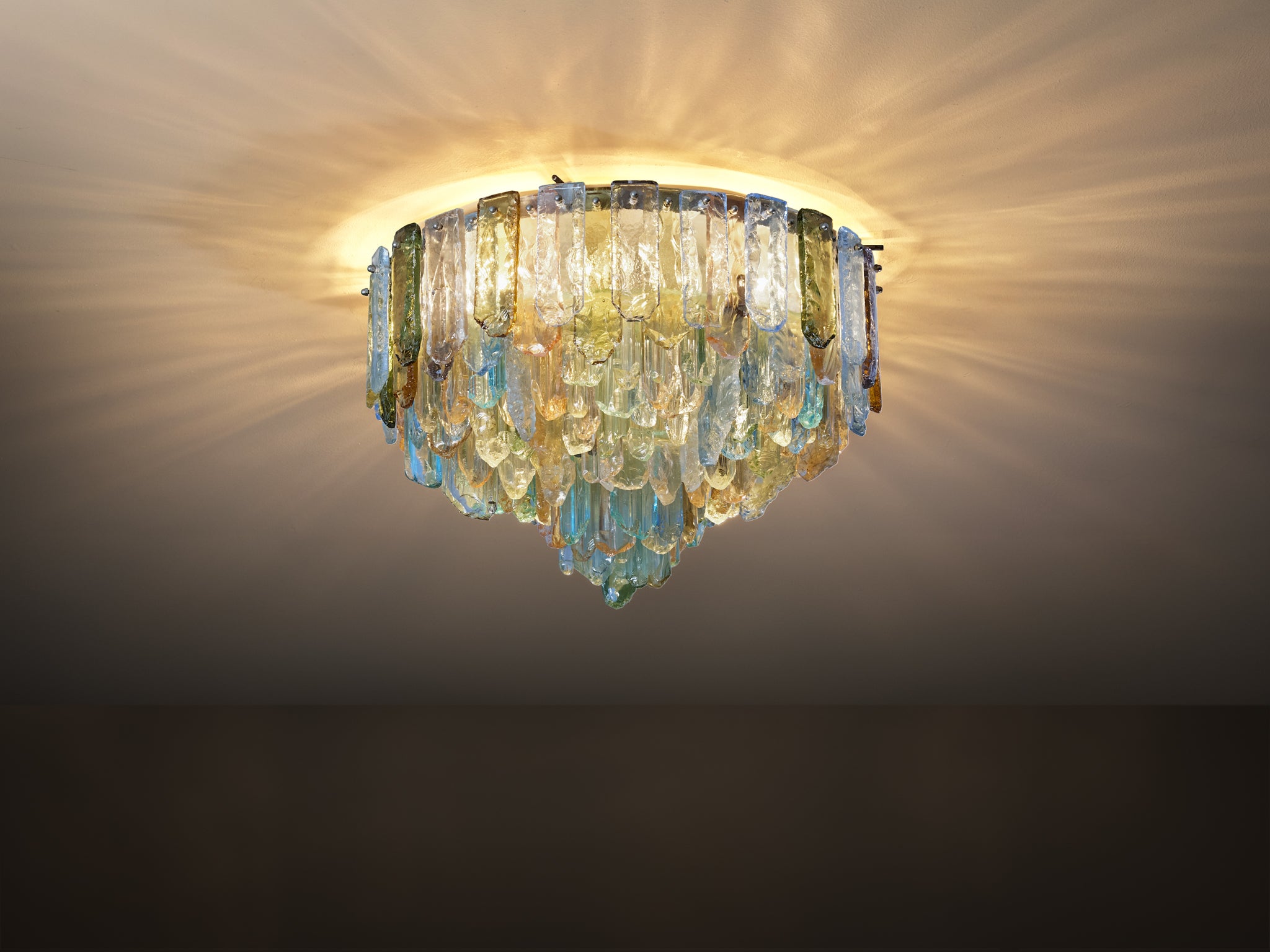 1970s Glamorous Guido Polloni Chandelier in Colored Glass Lighting Morentz