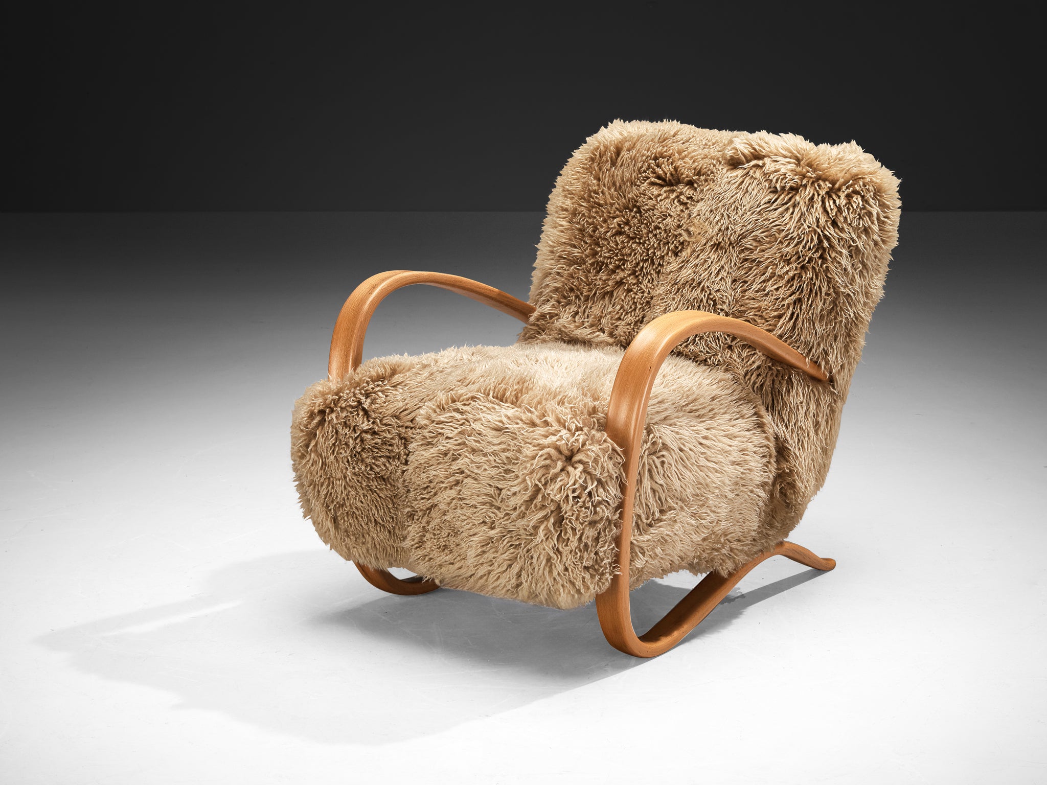 Jindrich Halabala Lounge Chair in Beige Sheepskin Seating Morentz