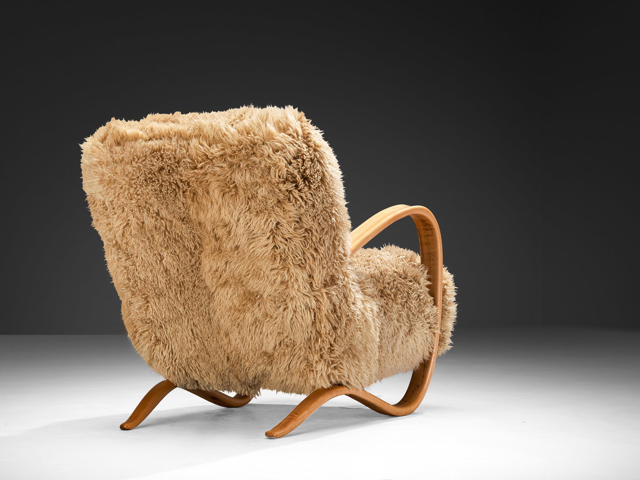 Jindrich Halabala Lounge Chair in Beige Sheepskin Seating Morentz