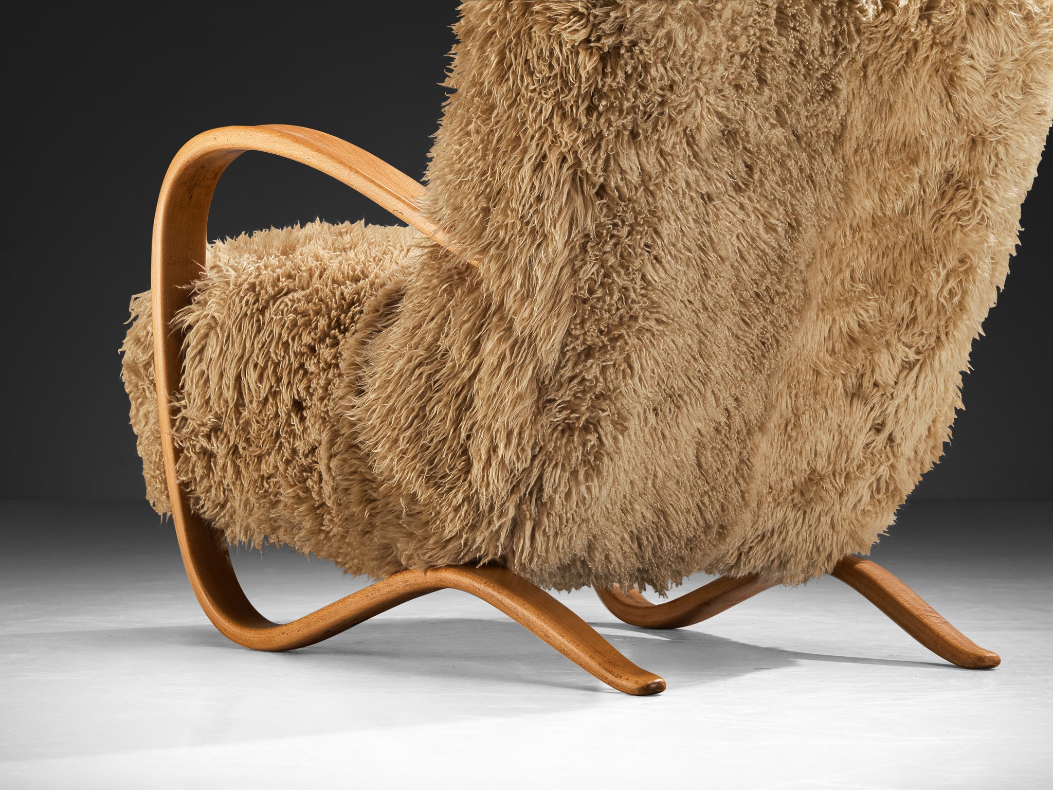 Jindrich Halabala Lounge Chair in Beige Sheepskin Seating Morentz