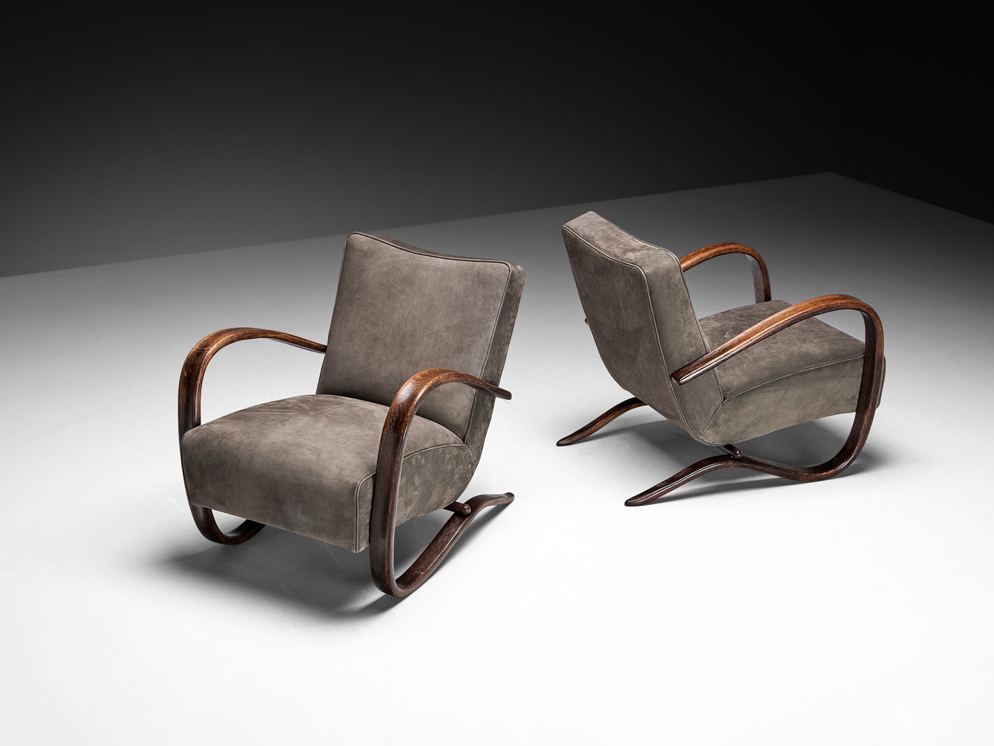 Jindrich Halabala Lounge Chairs in Grey Nubuck Leather Seating Morentz