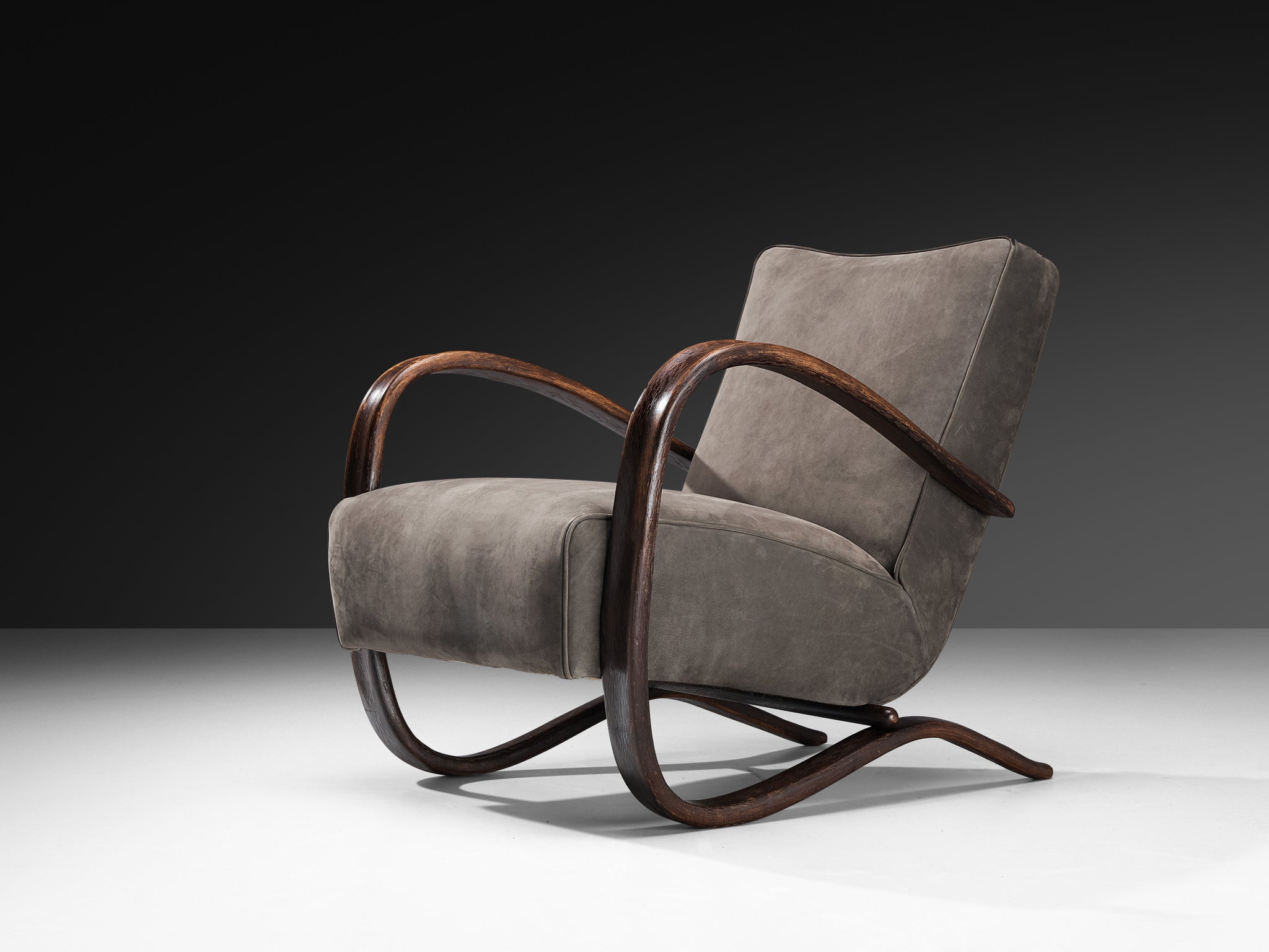 Jindrich Halabala Lounge Chairs in Grey Nubuck Leather Seating Morentz