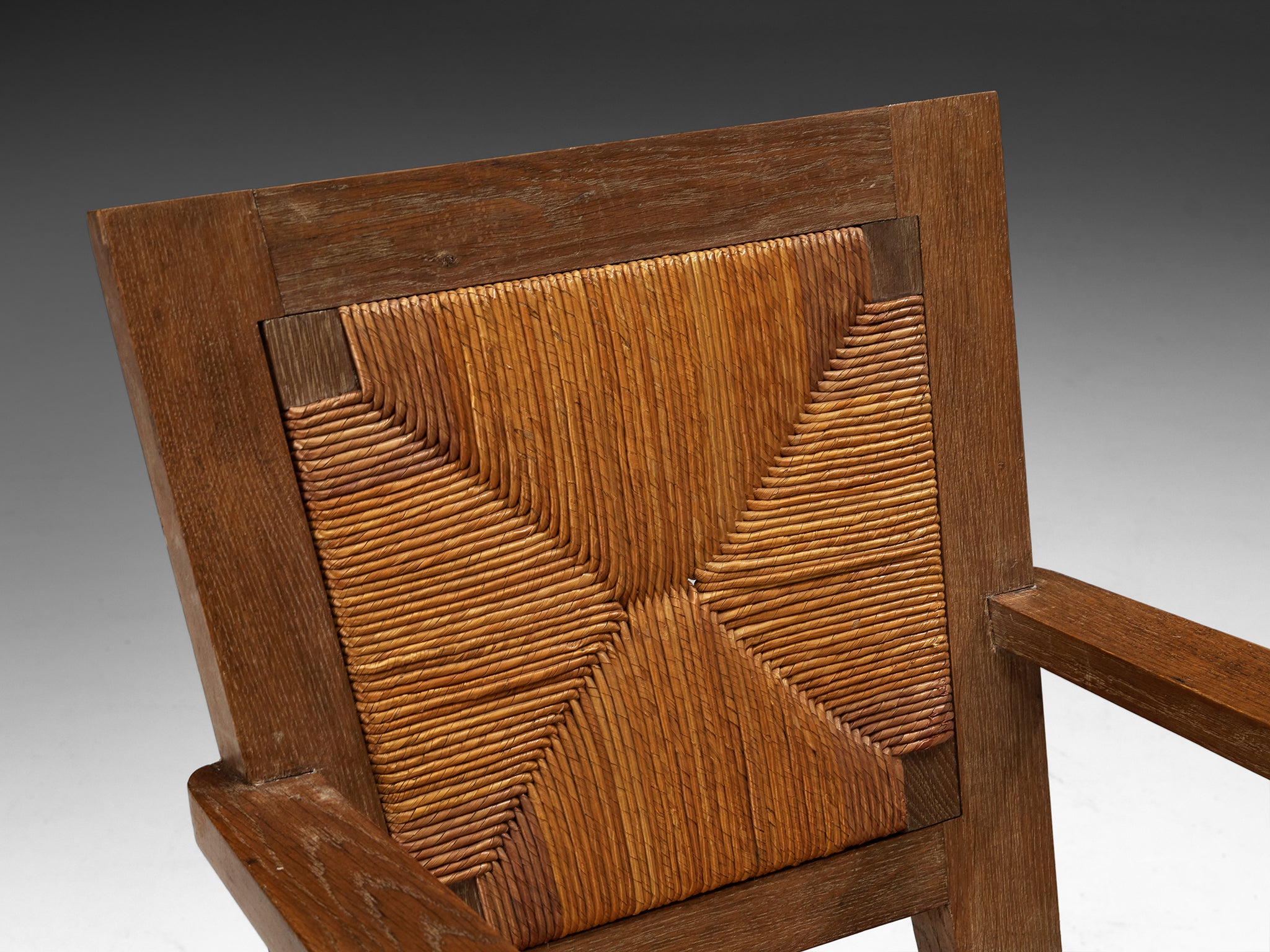 Art Deco French Monumental Armchairs in Oak and Rush Seating Morentz