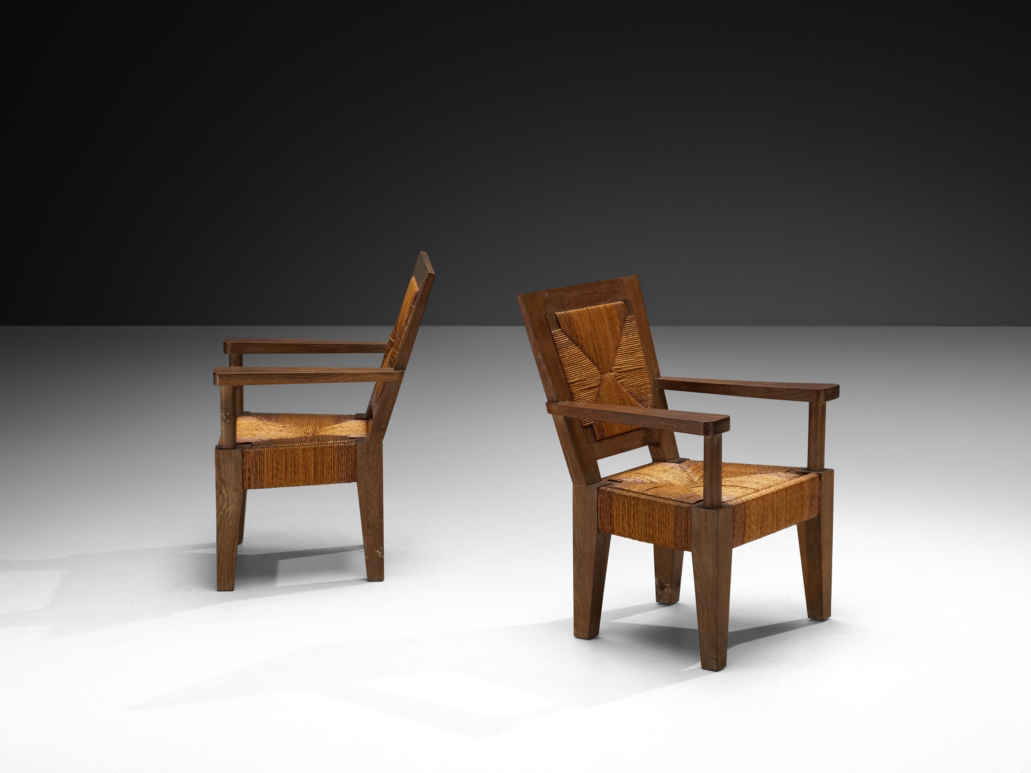 Art Deco French Monumental Armchairs in Oak and Rush Seating Morentz