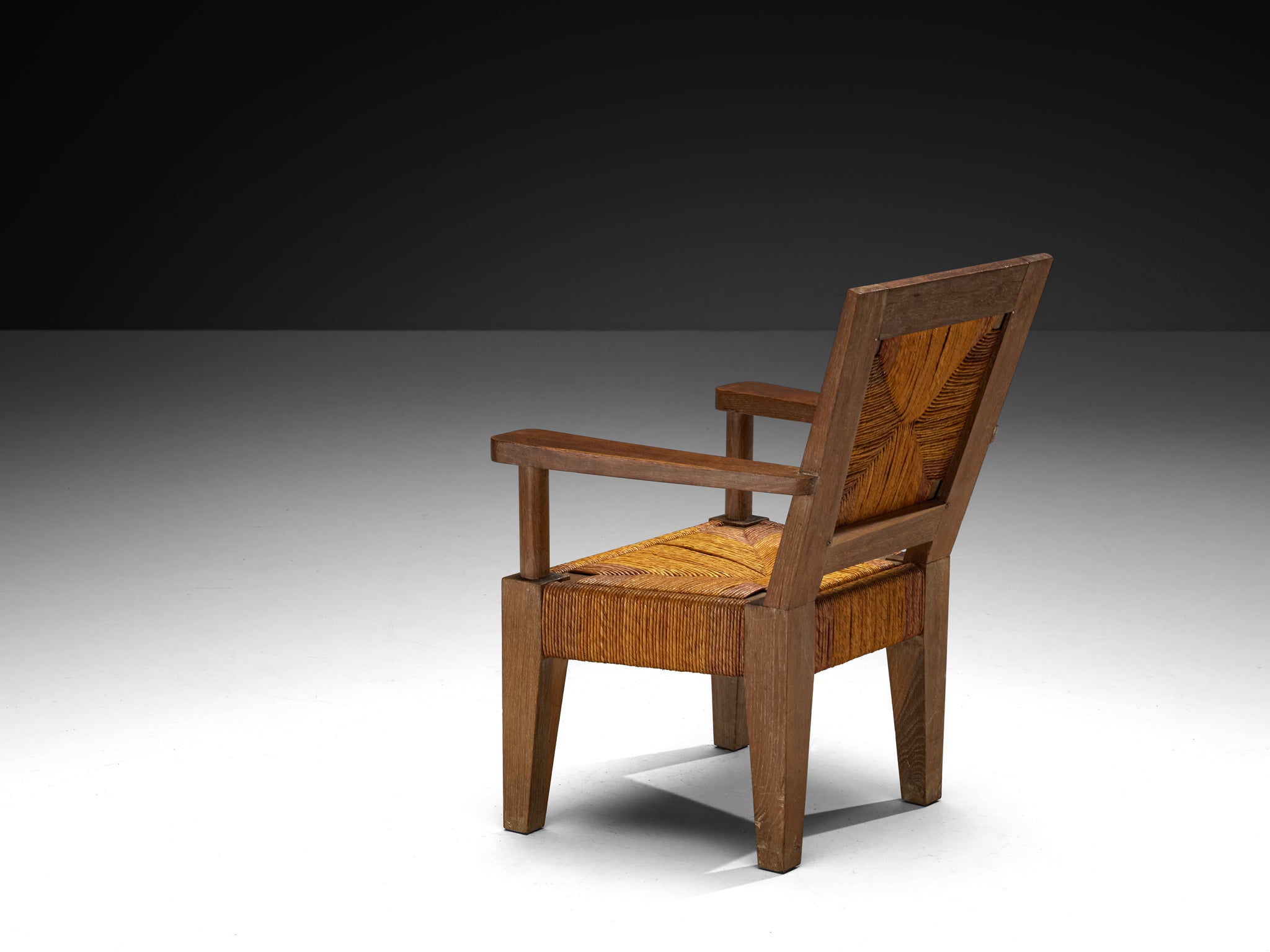 Art Deco French Monumental Armchairs in Oak and Rush Seating Morentz