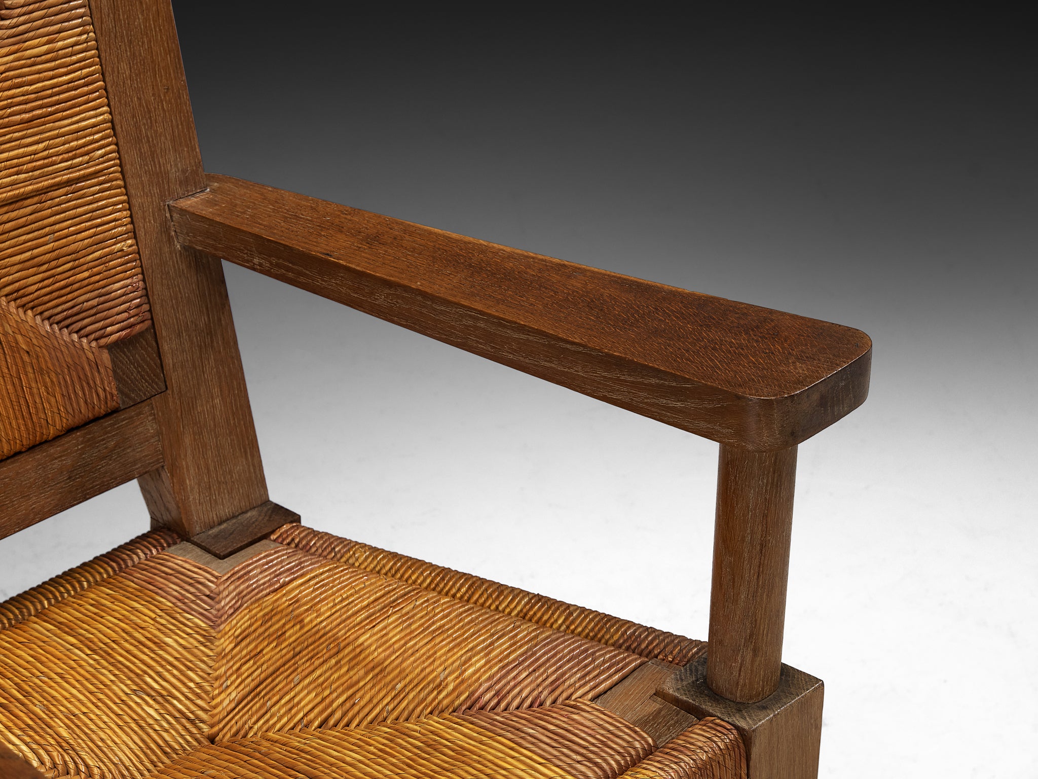 Art Deco French Monumental Armchairs in Oak and Rush Seating Morentz