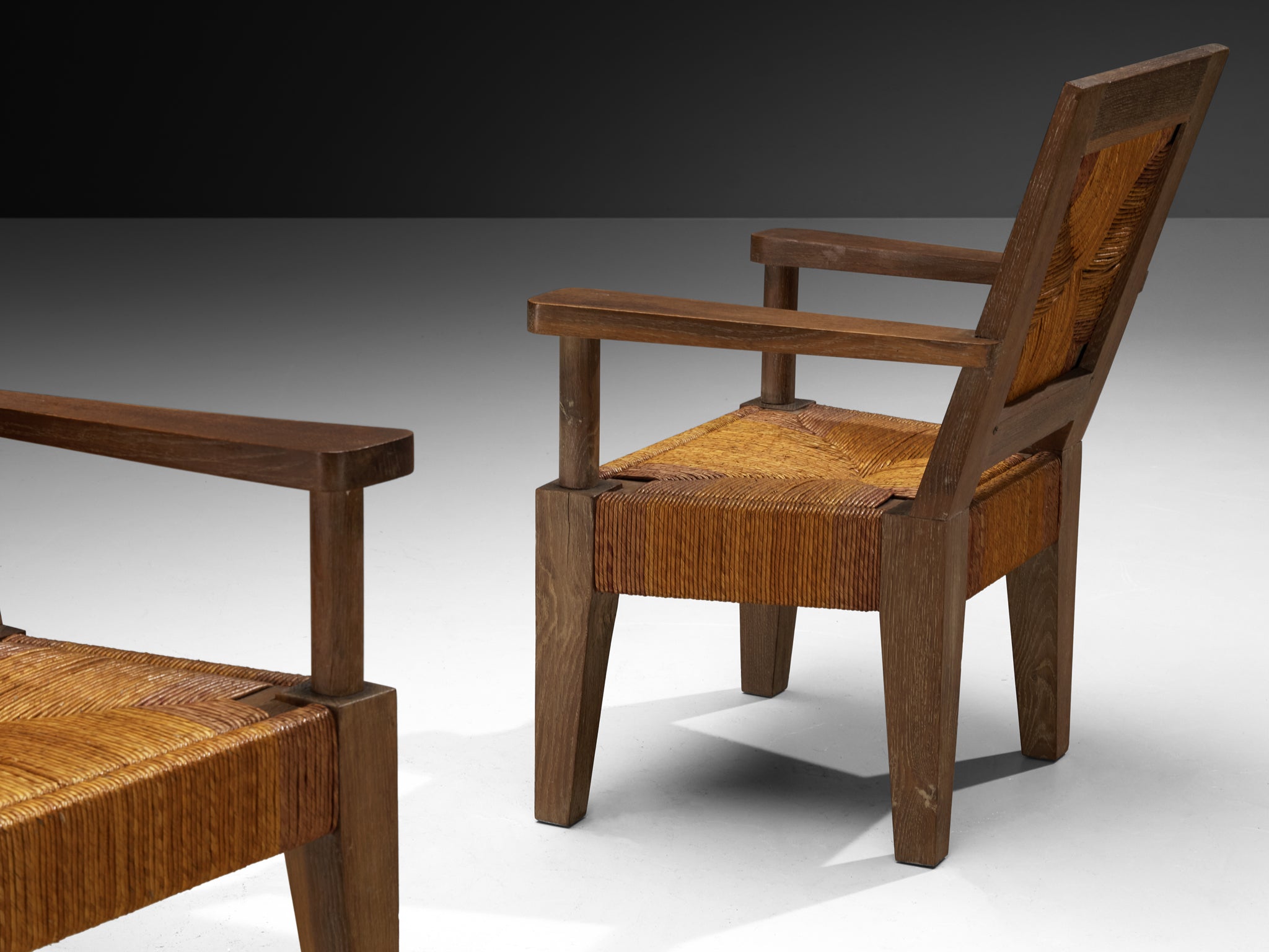 Art Deco French Monumental Armchairs in Oak and Rush Seating Morentz