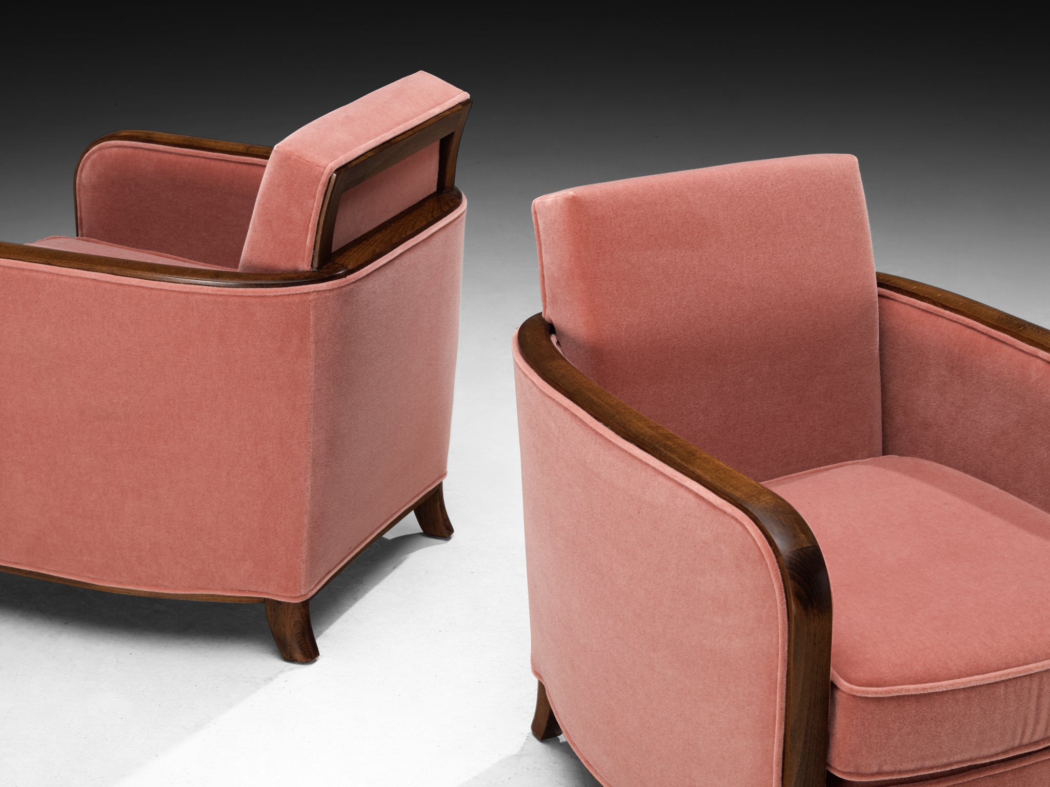 Rare Maison Soubrier Pair of late 1920s Art Deco Armchairs in Pink Velvet Seating Morentz