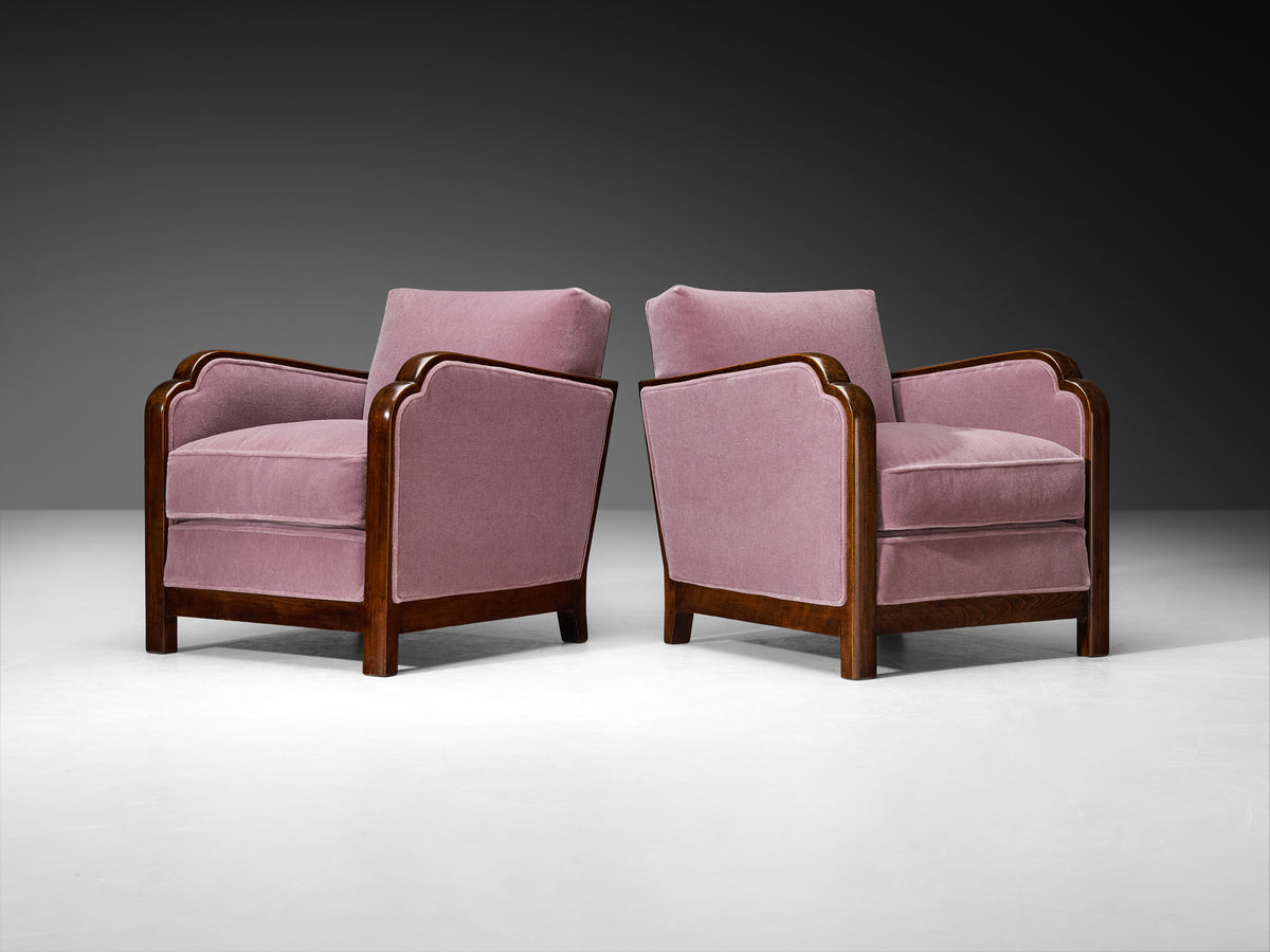 Art Deco French Pair of Angular Lounge Chairs in Wood and Purple Mohair Seating Morentz