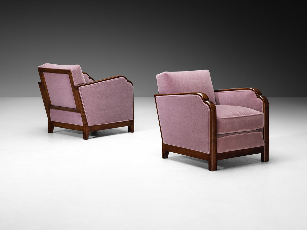 Art Deco French Pair of Angular Lounge Chairs in Wood and Purple Mohair Seating Morentz