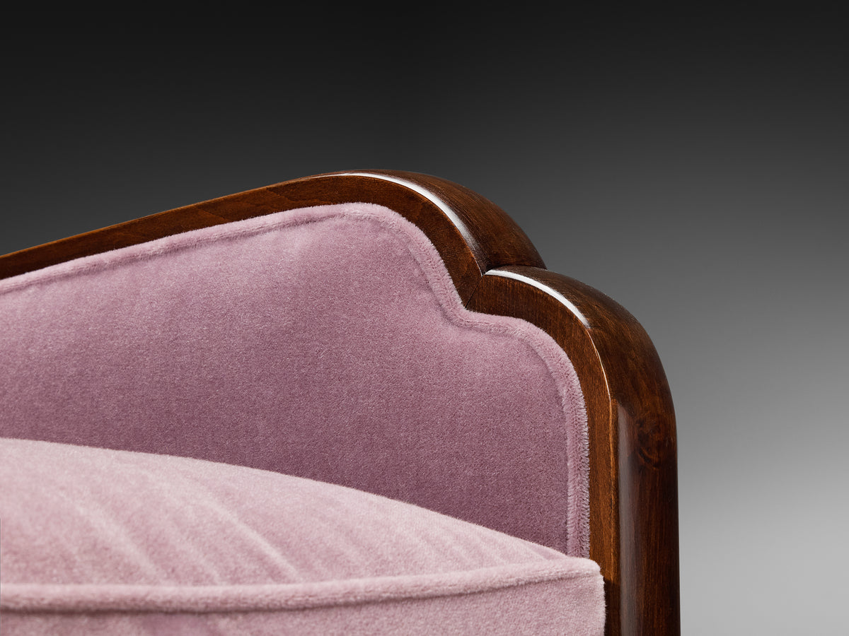 Art Deco French Pair of Angular Lounge Chairs in Wood and Purple Mohair Seating Morentz
