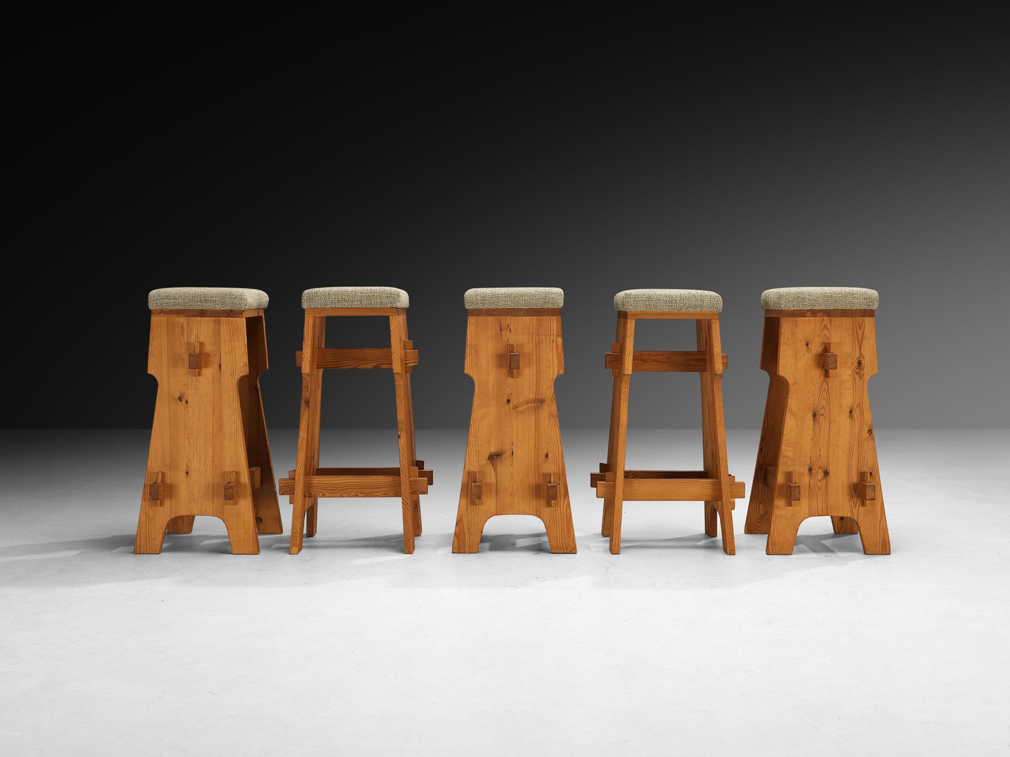 Mid-century Bar Stools in Pine and Soft Green Fabric Seating Morentz