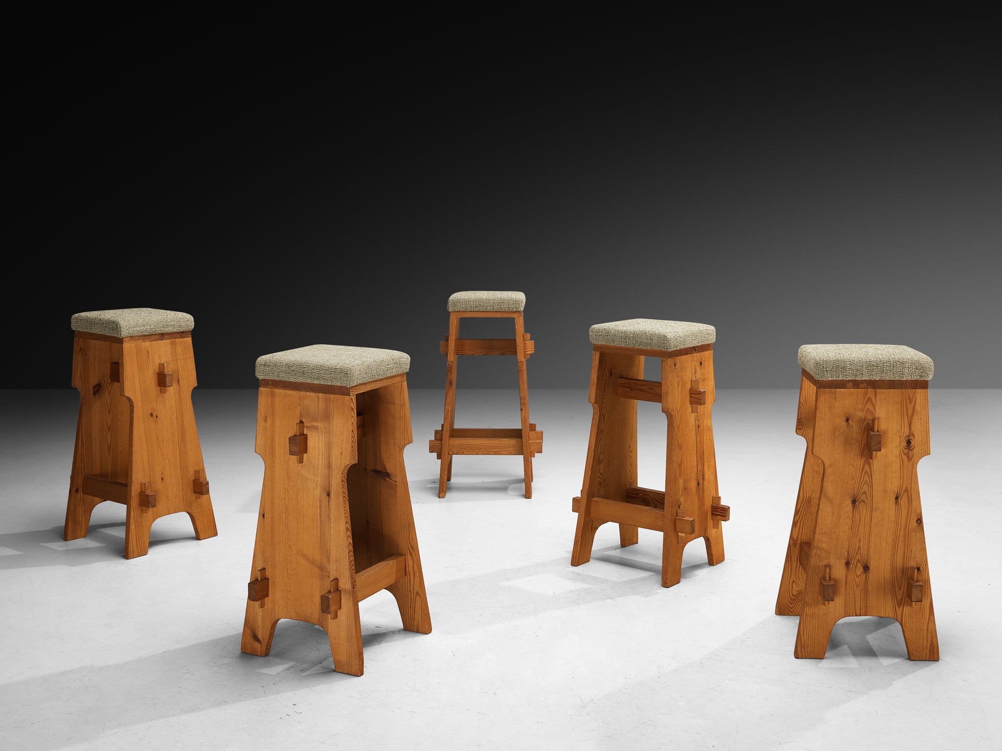 Mid-century Bar Stools in Pine and Soft Green Fabric Seating Morentz