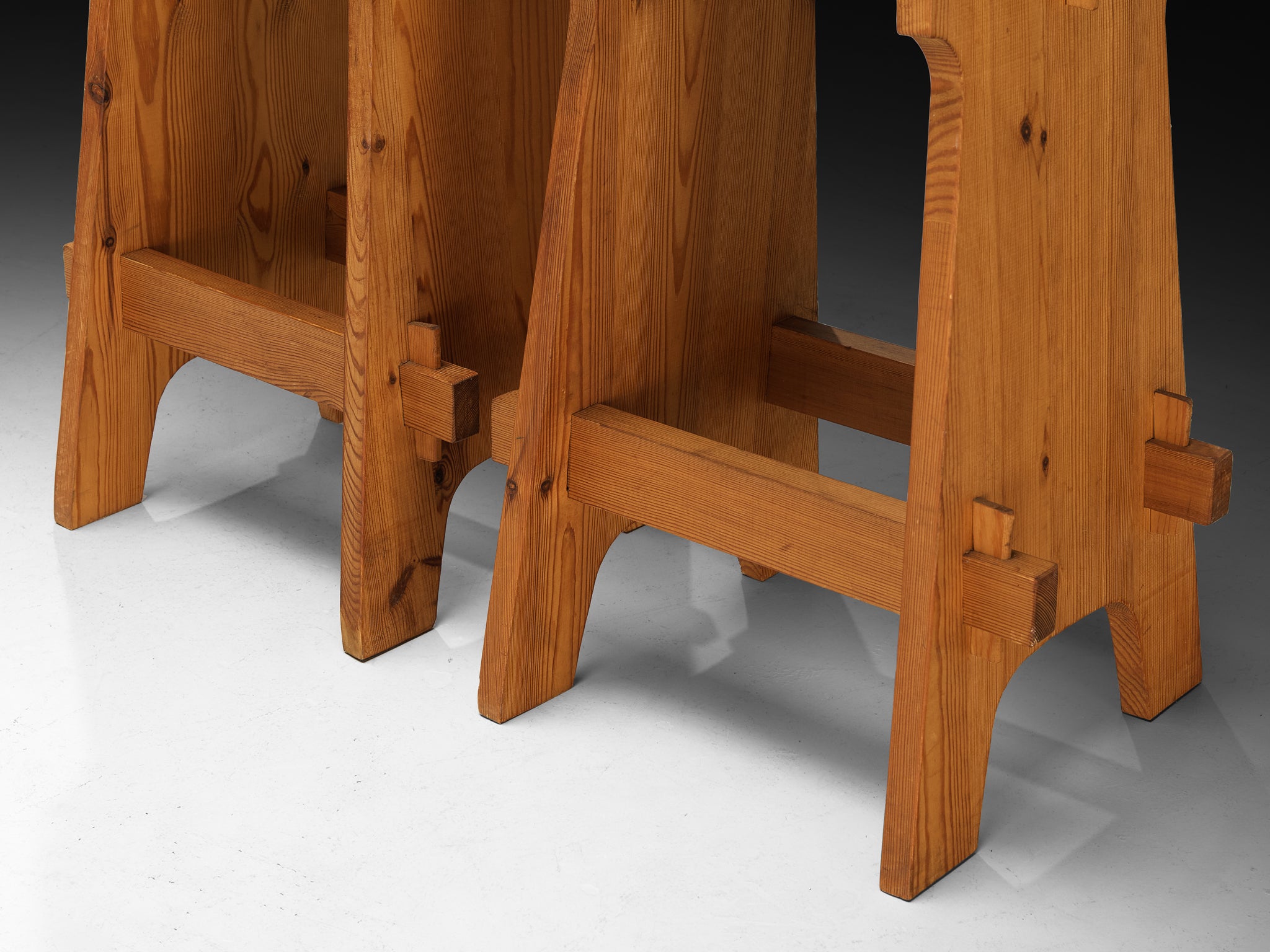 Mid-century Bar Stools in Pine and Soft Green Fabric Seating Morentz