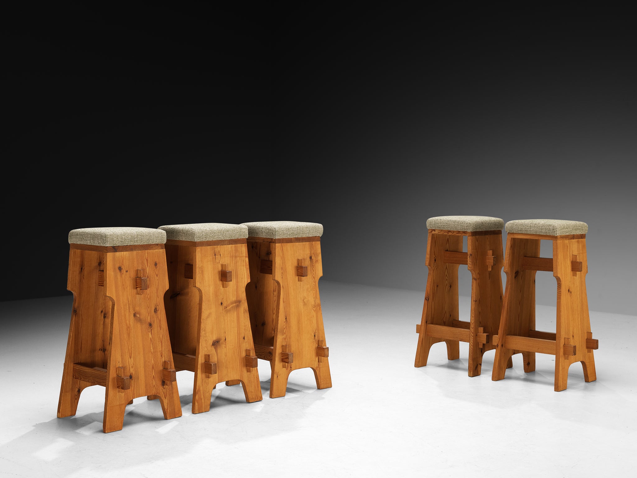 Mid-century Bar Stools in Pine and Soft Green Fabric Seating Morentz