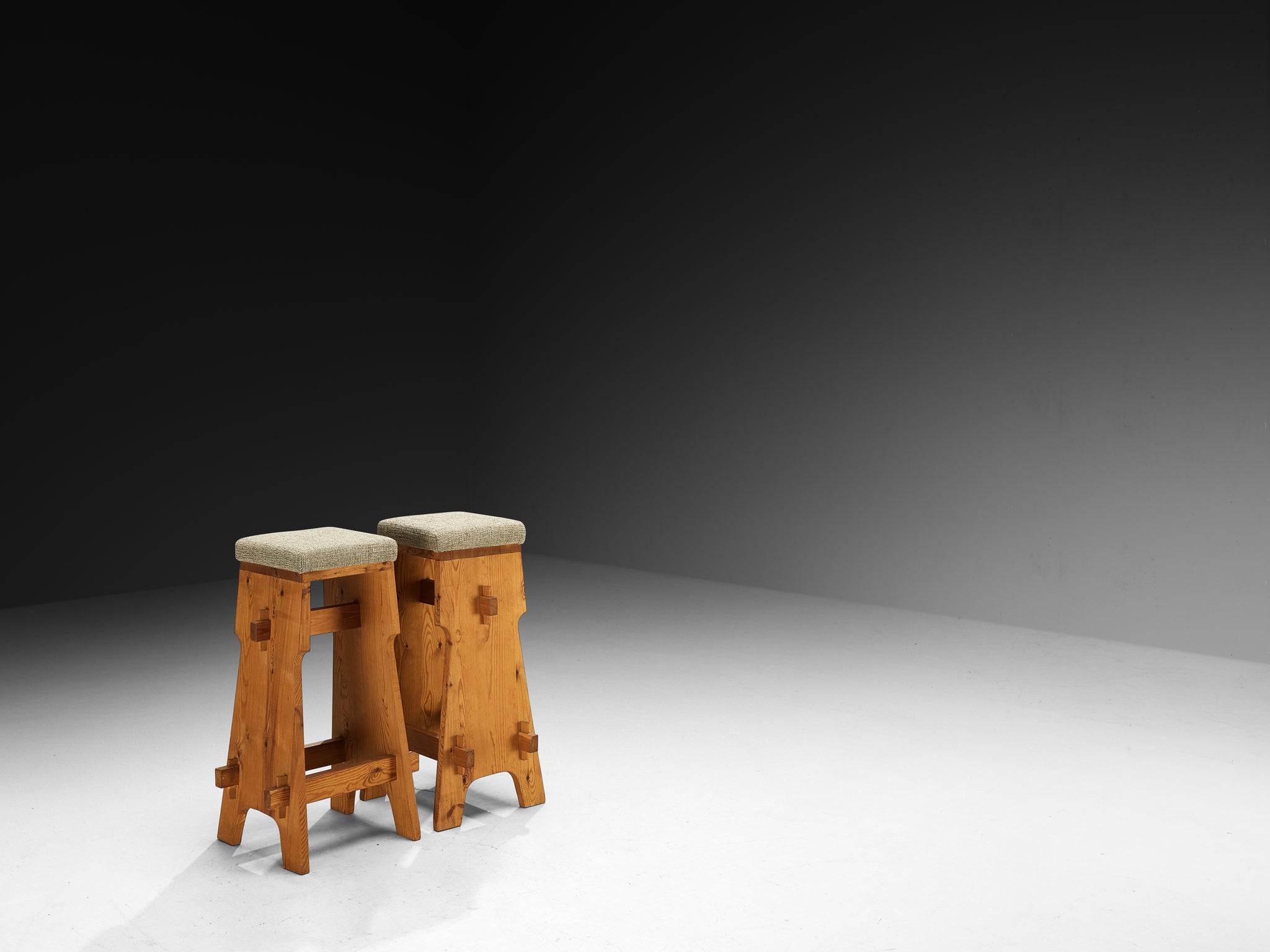 Mid-century Bar Stools in Pine and Soft Green Fabric Seating Morentz