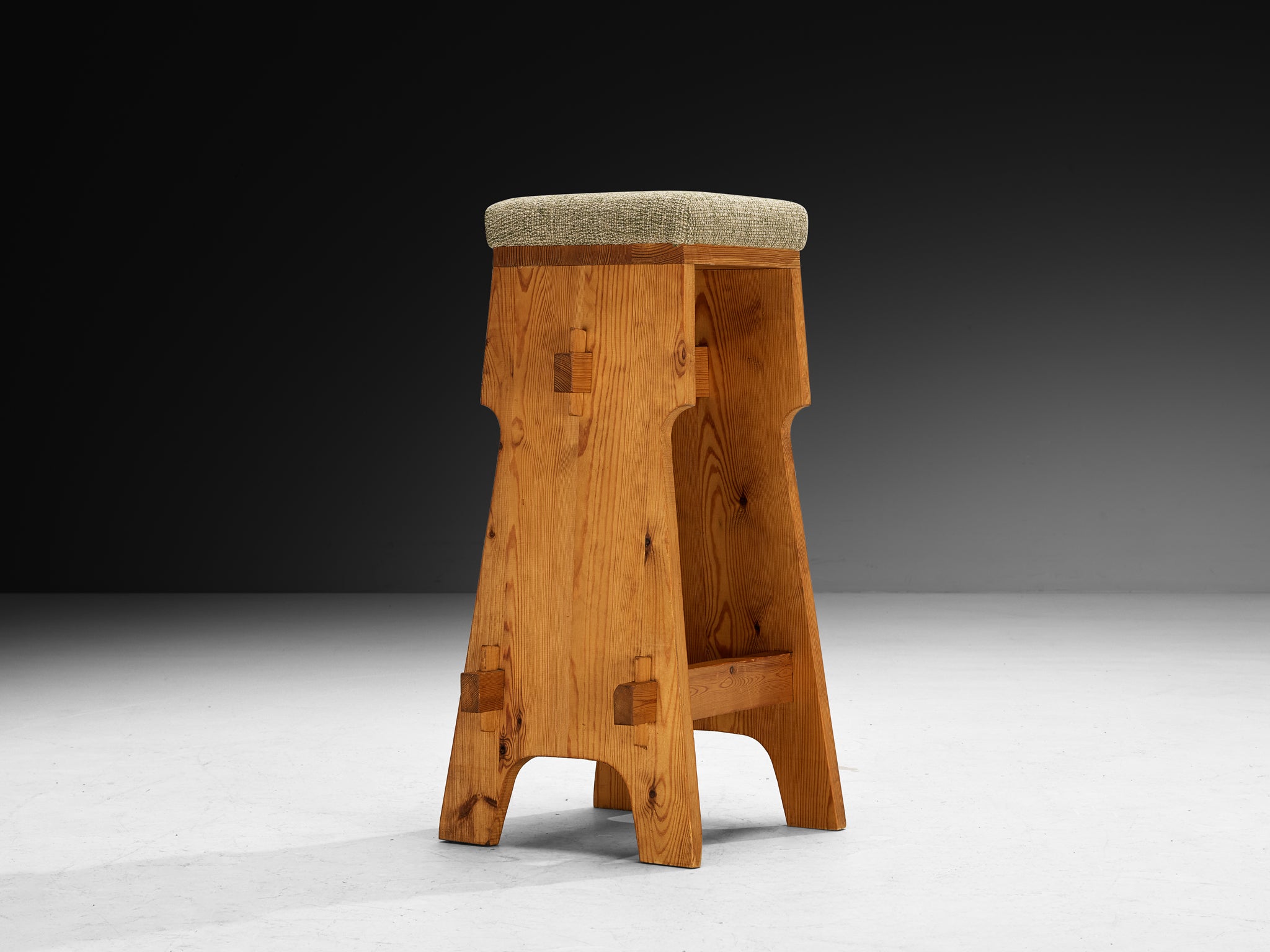 Mid-century Bar Stools in Pine and Soft Green Fabric Seating Morentz