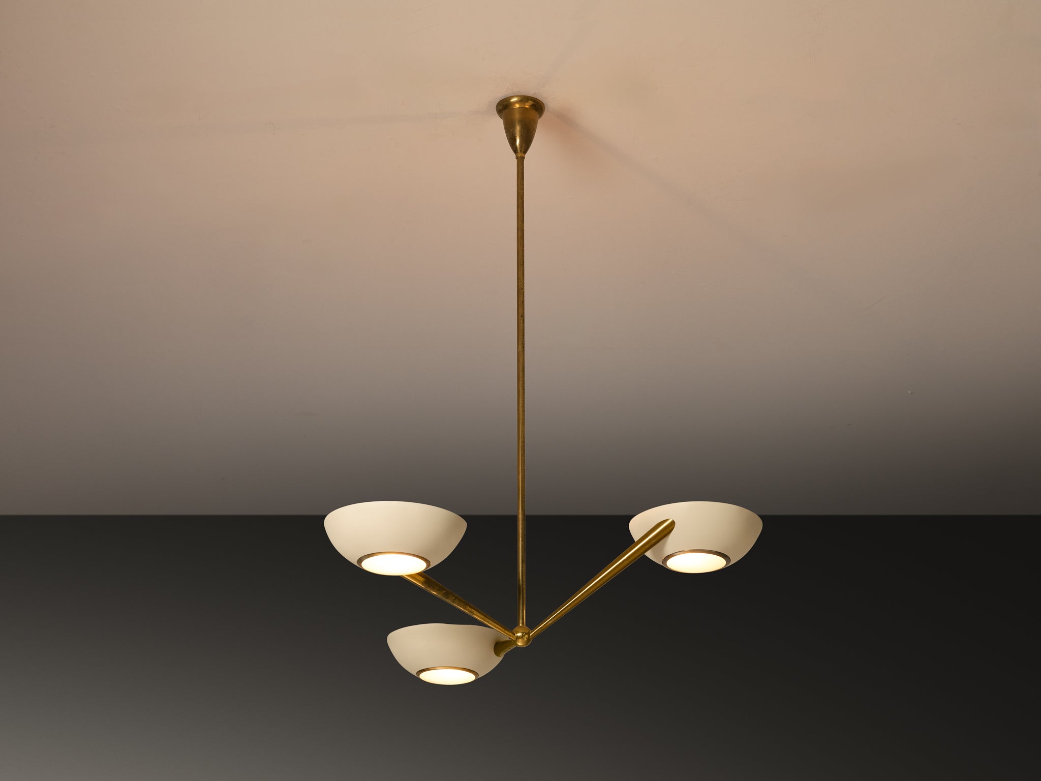 Rare Lumen Mid-Century Modern Italian Chandelier in Brass with Off-White Shades Lighting Morentz
