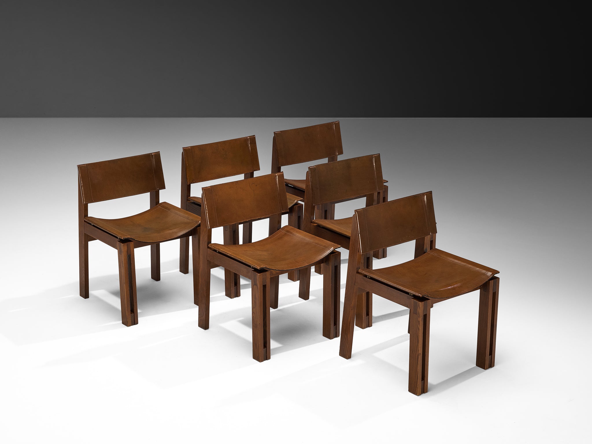Italian Set of Six Mid-century Dining Chairs in Ash and Leather Seating Morentz