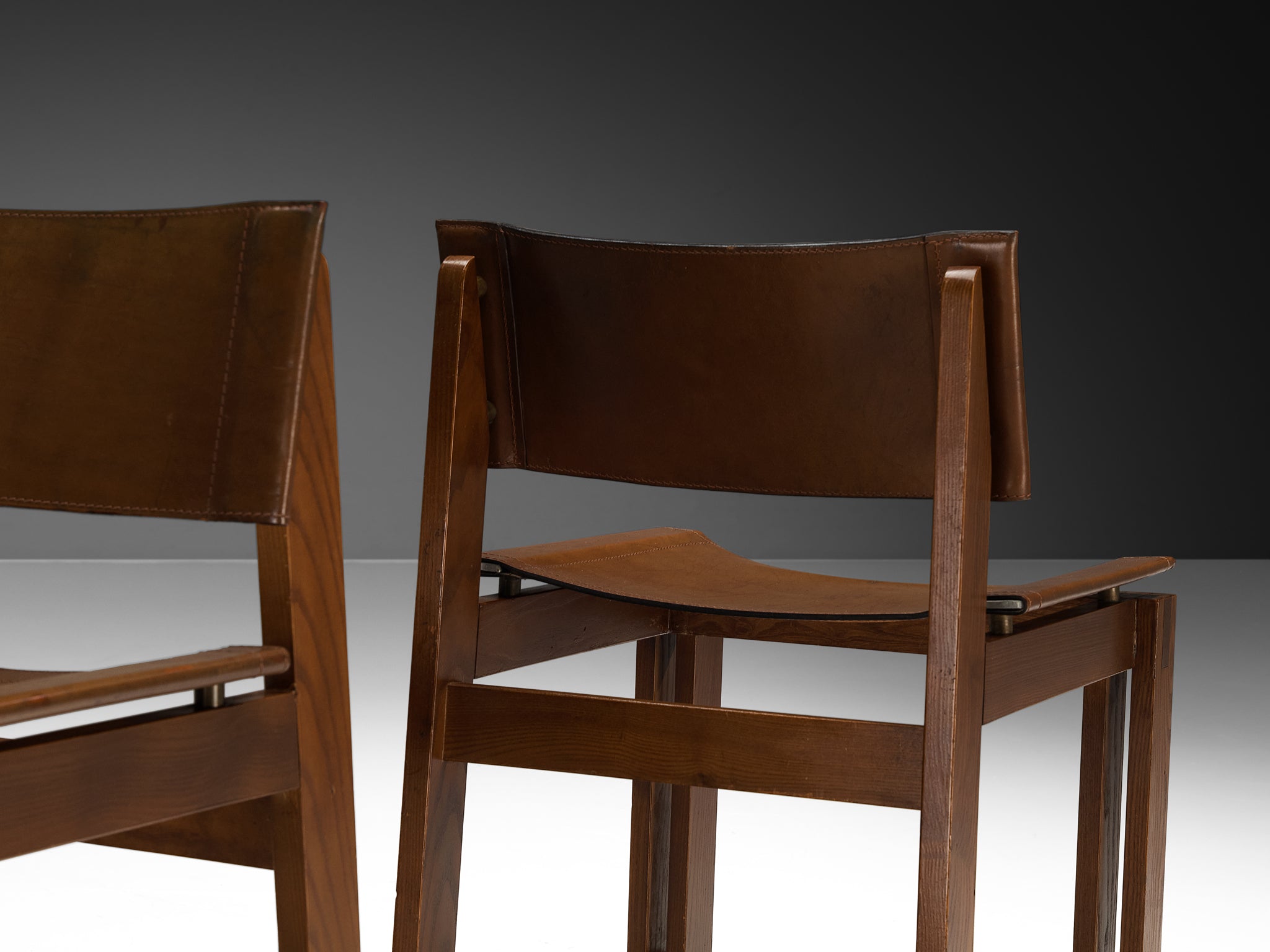Italian Set of Six Mid-century Dining Chairs in Ash and Leather Seating Morentz