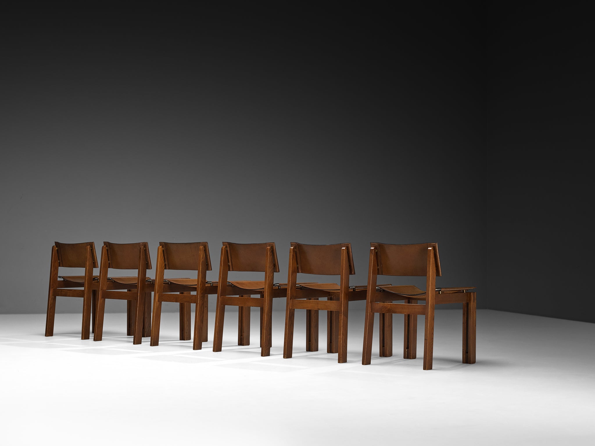 Italian Set of Six Mid-century Dining Chairs in Ash and Leather Seating Morentz