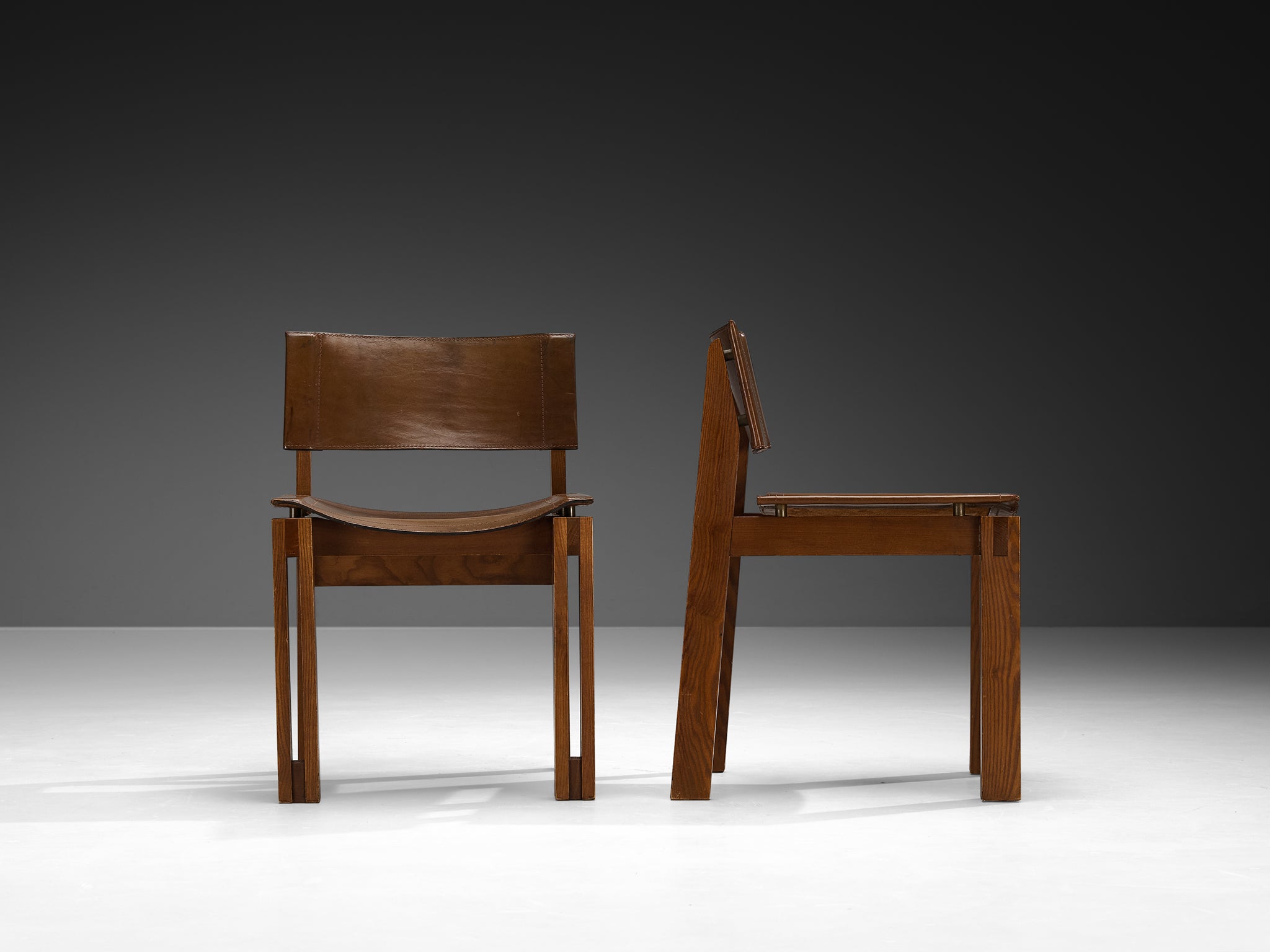 Italian Set of Six Mid-century Dining Chairs in Ash and Leather Seating Morentz