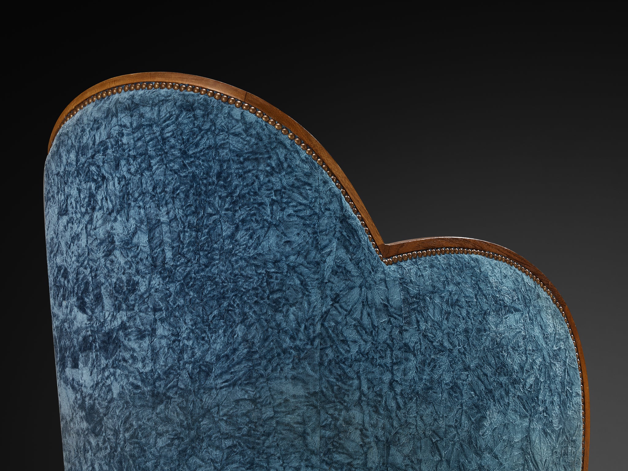 French Art Deco Pair of Lounge Chairs in Walnut and Blue Upholstery Seating Morentz