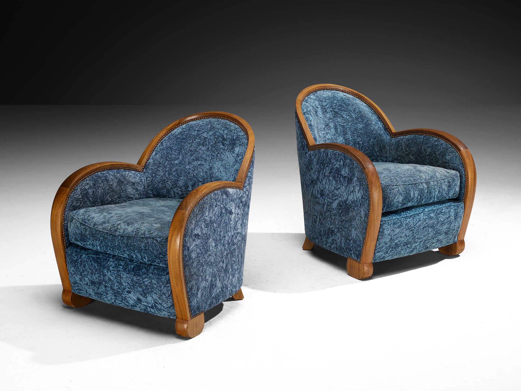 French Art Deco Pair of Lounge Chairs in Walnut and Blue Upholstery Seating Morentz
