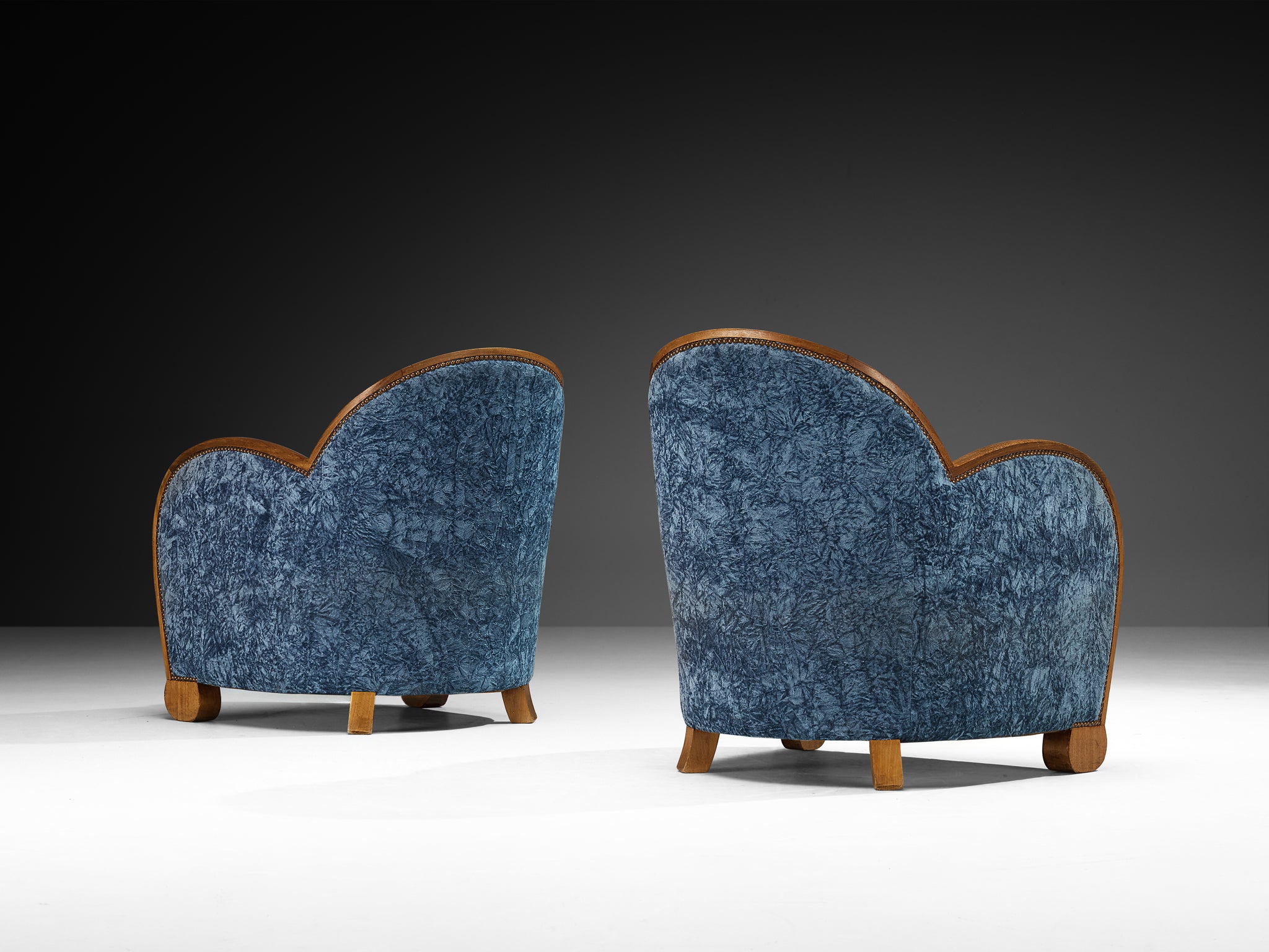 French Art Deco Pair of Lounge Chairs in Walnut and Blue Upholstery Seating Morentz