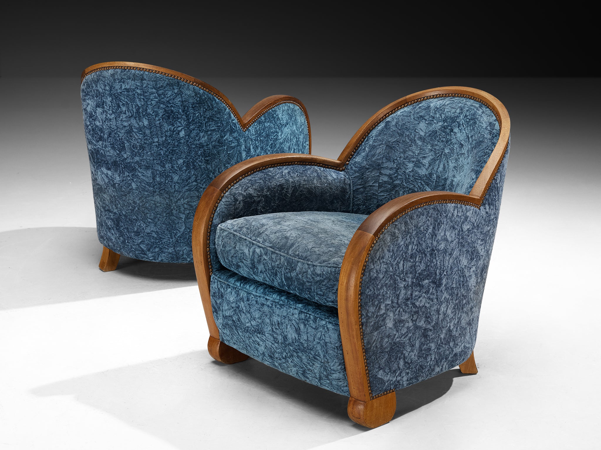 French Art Deco Pair of Lounge Chairs in Walnut and Blue Upholstery Seating Morentz