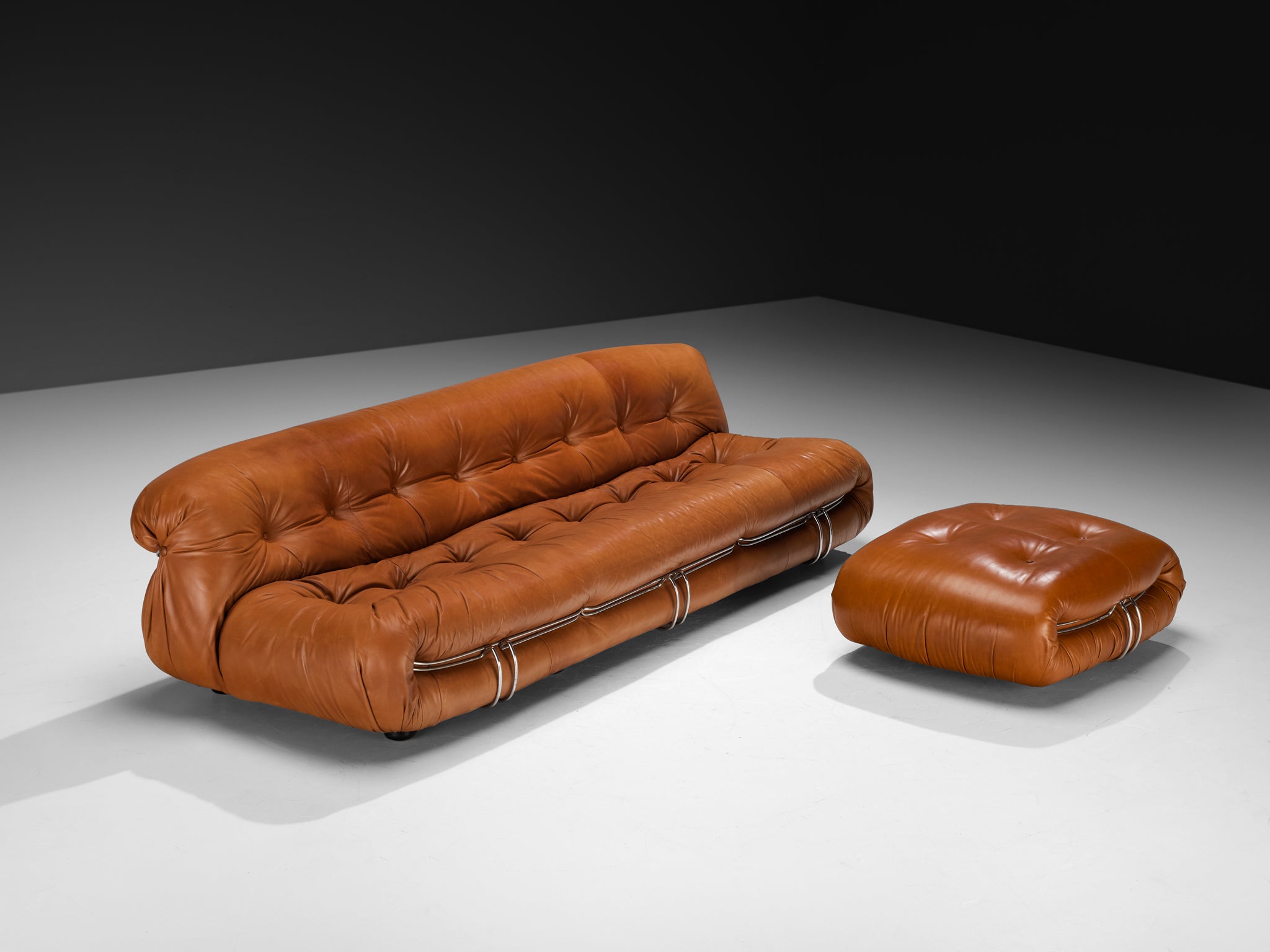 Afra & Tobia Scarpa for Cassina 'Soriana' Sofa with Ottoman in Cognac Leather Seating Morentz