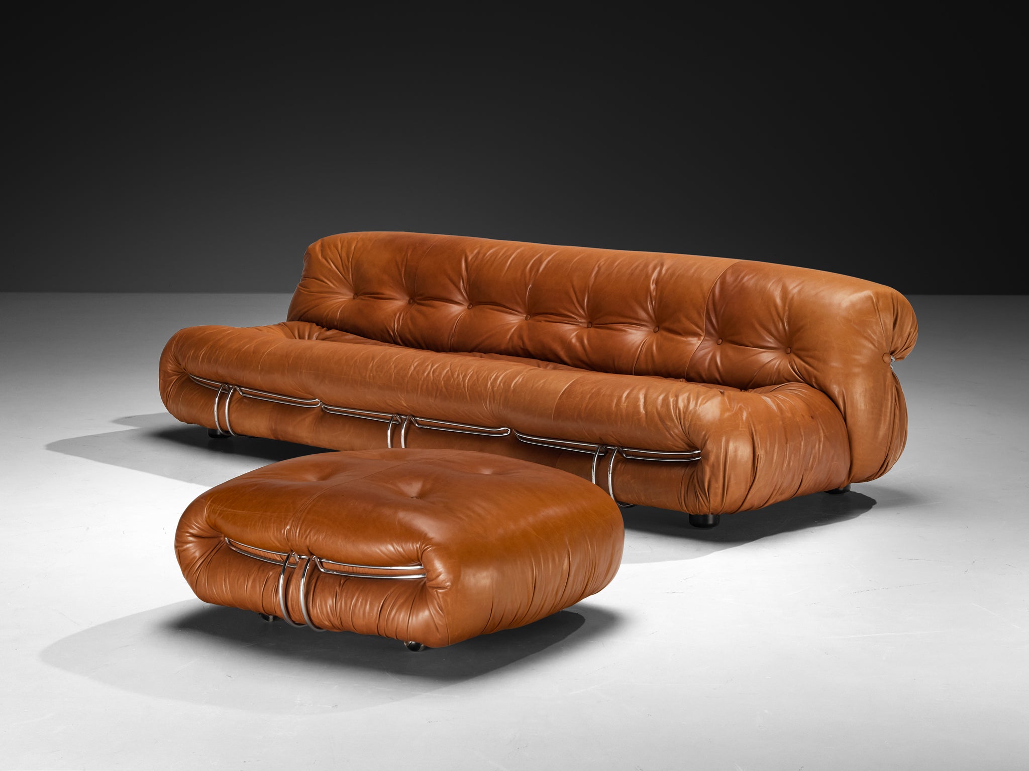 Afra & Tobia Scarpa for Cassina 'Soriana' Sofa with Ottoman in Cognac Leather Seating Morentz
