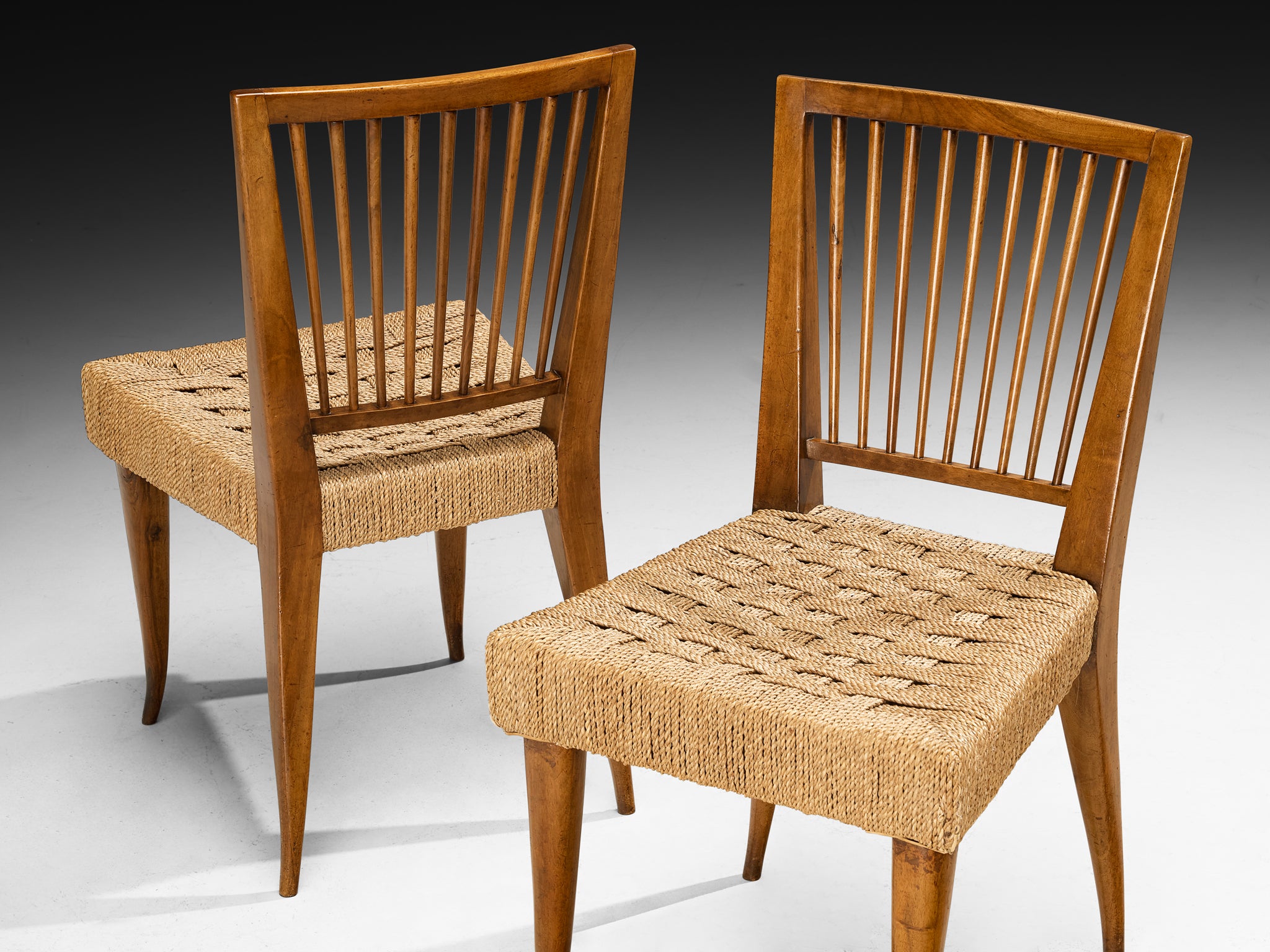 1940s Set of Twelve Italian Dining Chairs in Walnut and Rush Seating Morentz