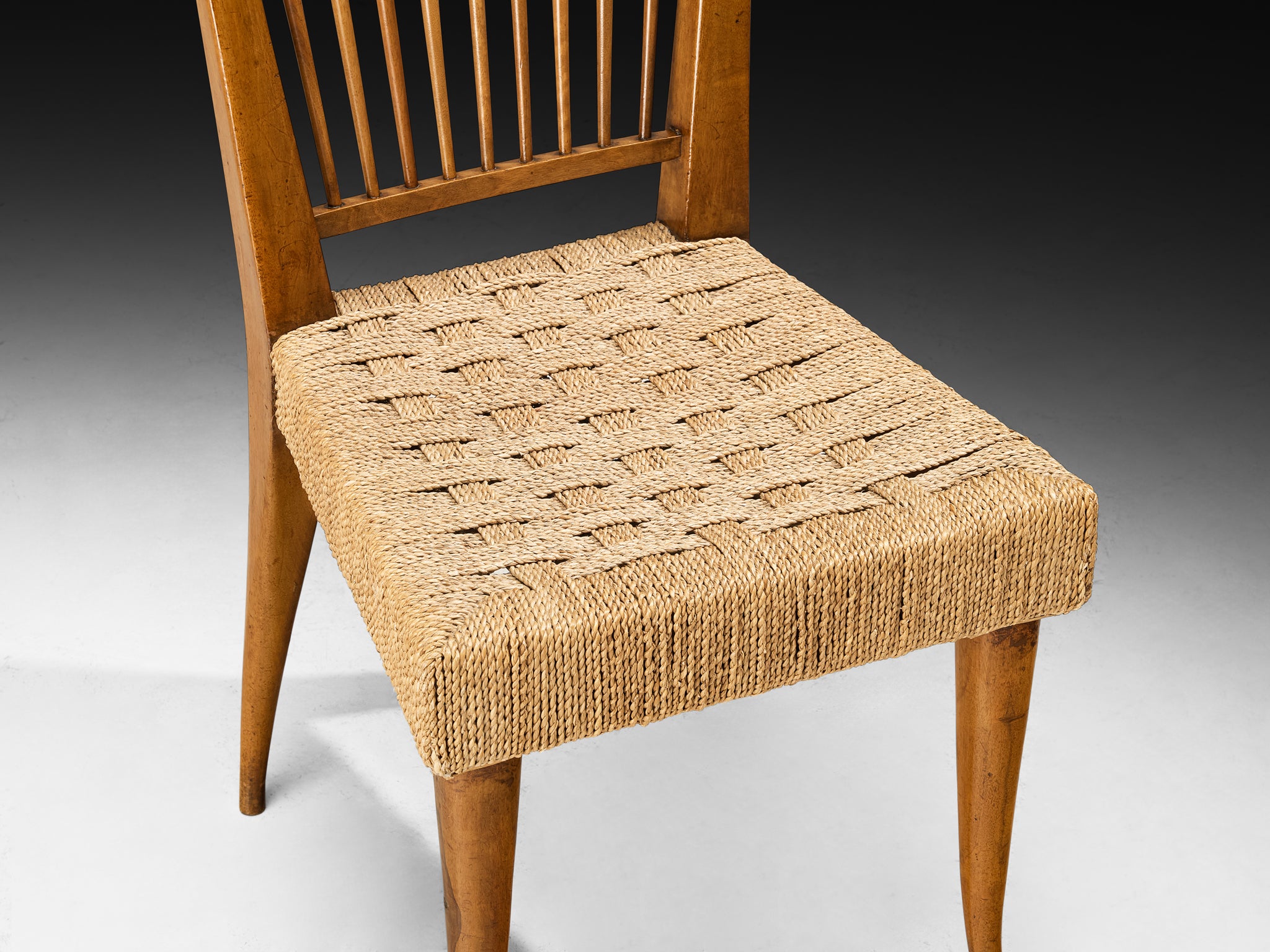 1940s Set of Twelve Italian Dining Chairs in Walnut and Rush Seating Morentz