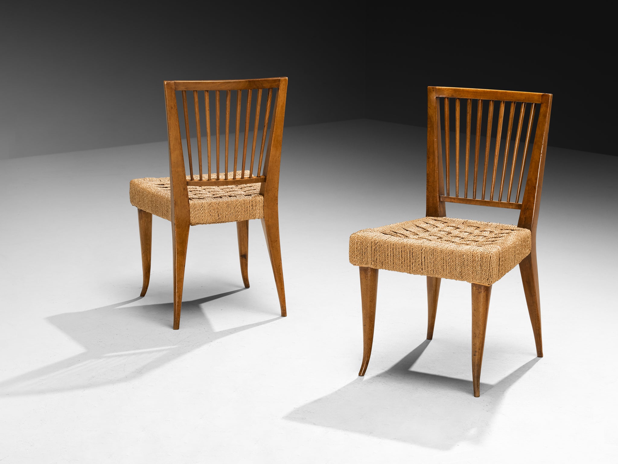 1940s Set of Twelve Italian Dining Chairs in Walnut and Rush Seating Morentz