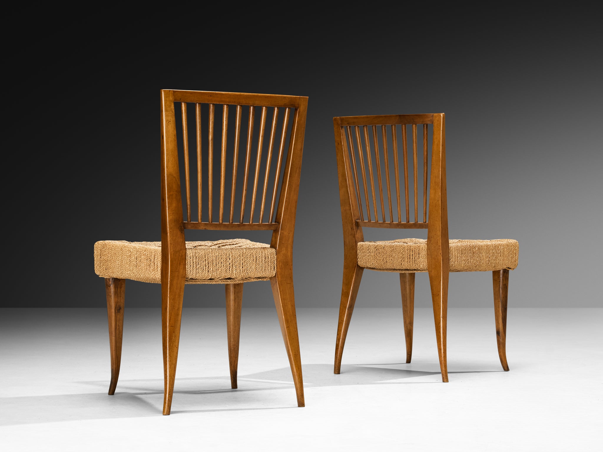 1940s Set of Twelve Italian Dining Chairs in Walnut and Rush Seating Morentz