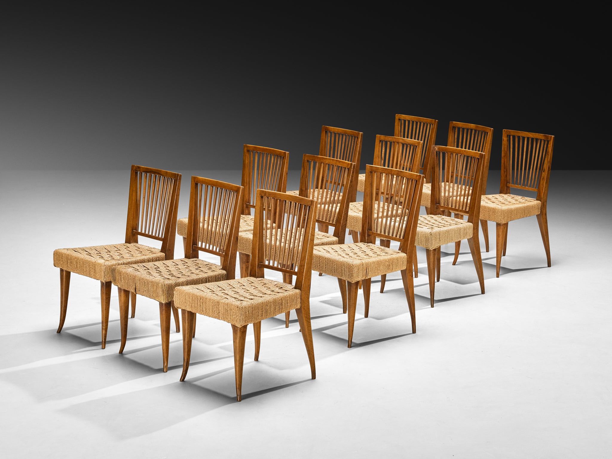 1940s Set of Twelve Italian Dining Chairs in Walnut and Rush Seating Morentz