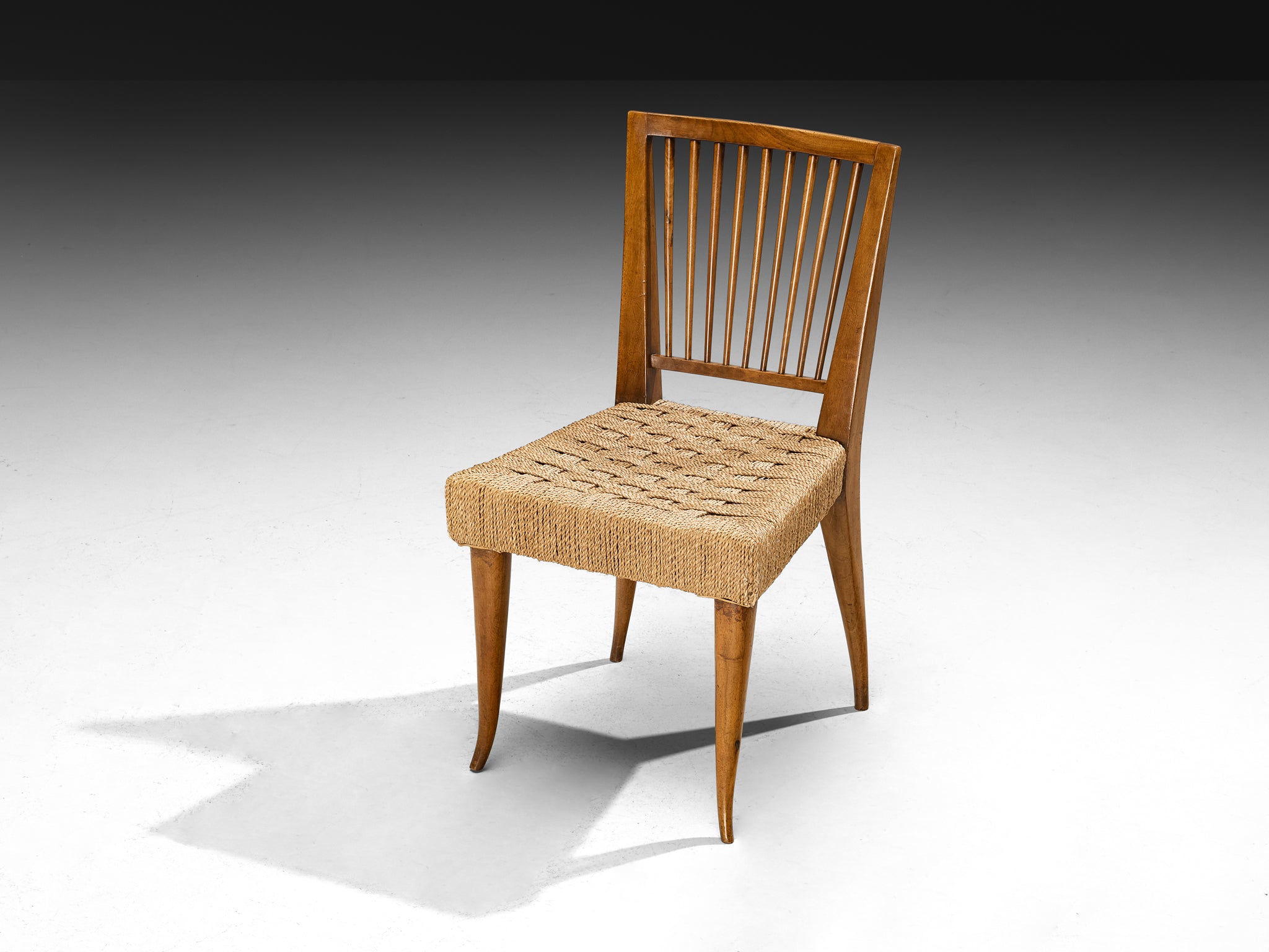 1940s Set of Twelve Italian Dining Chairs in Walnut and Rush Seating Morentz