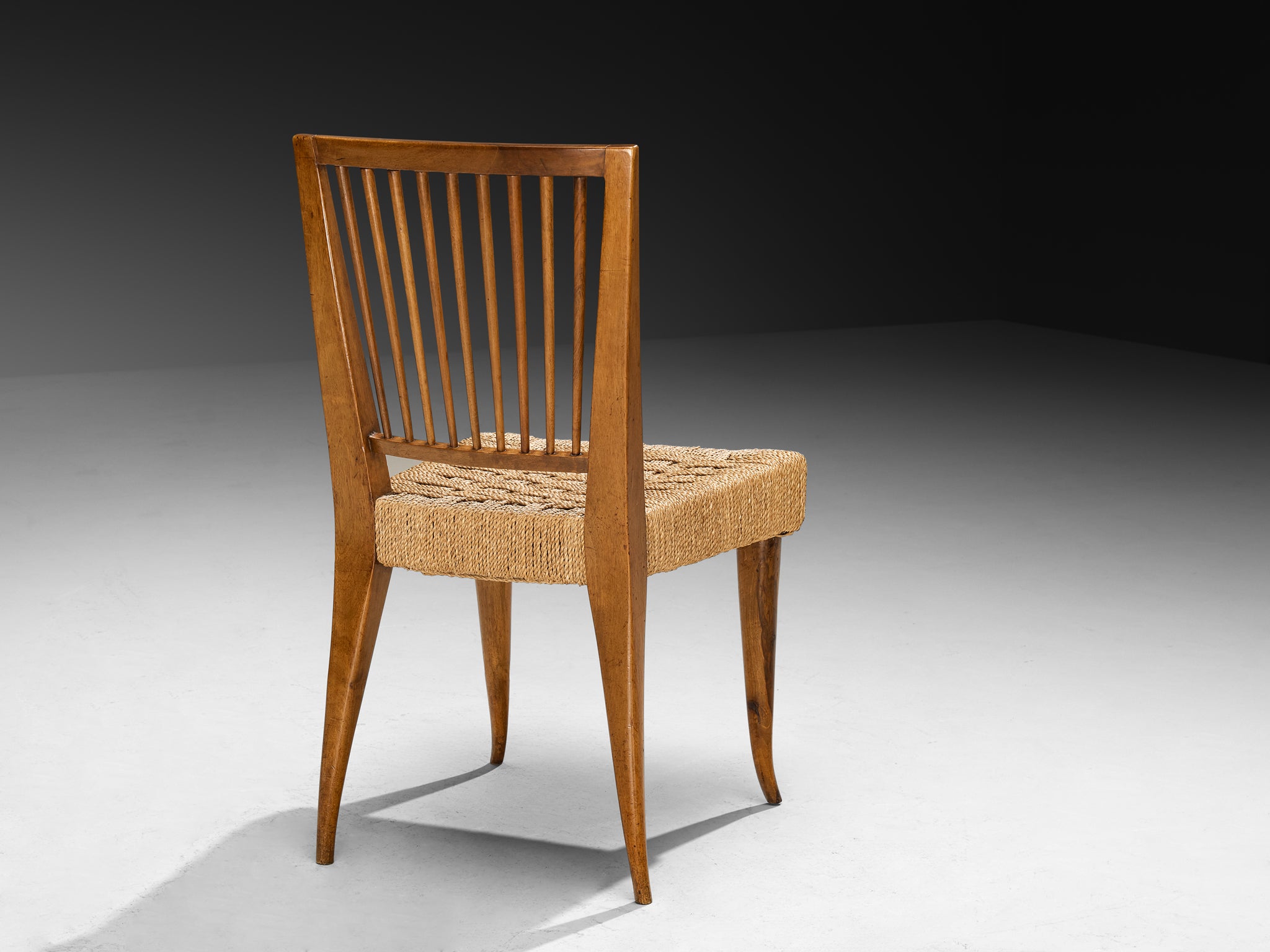 1940s Set of Twelve Italian Dining Chairs in Walnut and Rush Seating Morentz