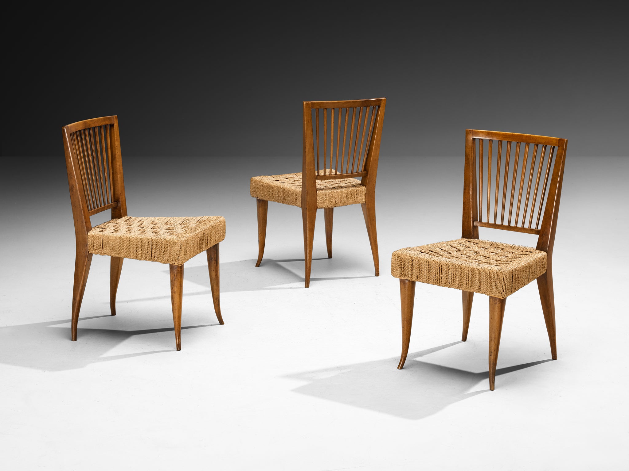 1940s Set of Twelve Italian Dining Chairs in Walnut and Rush Seating Morentz