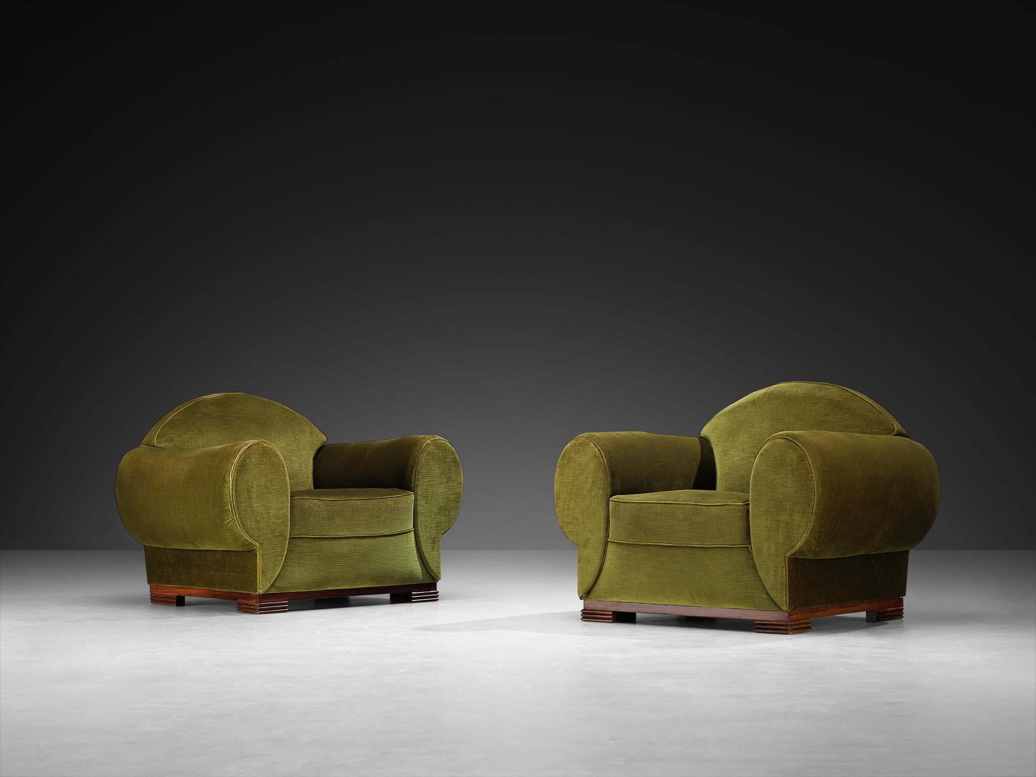 René Drouet Pair of Lounge Chairs in Olive Green Corduroy and Walnut Seating Morentz