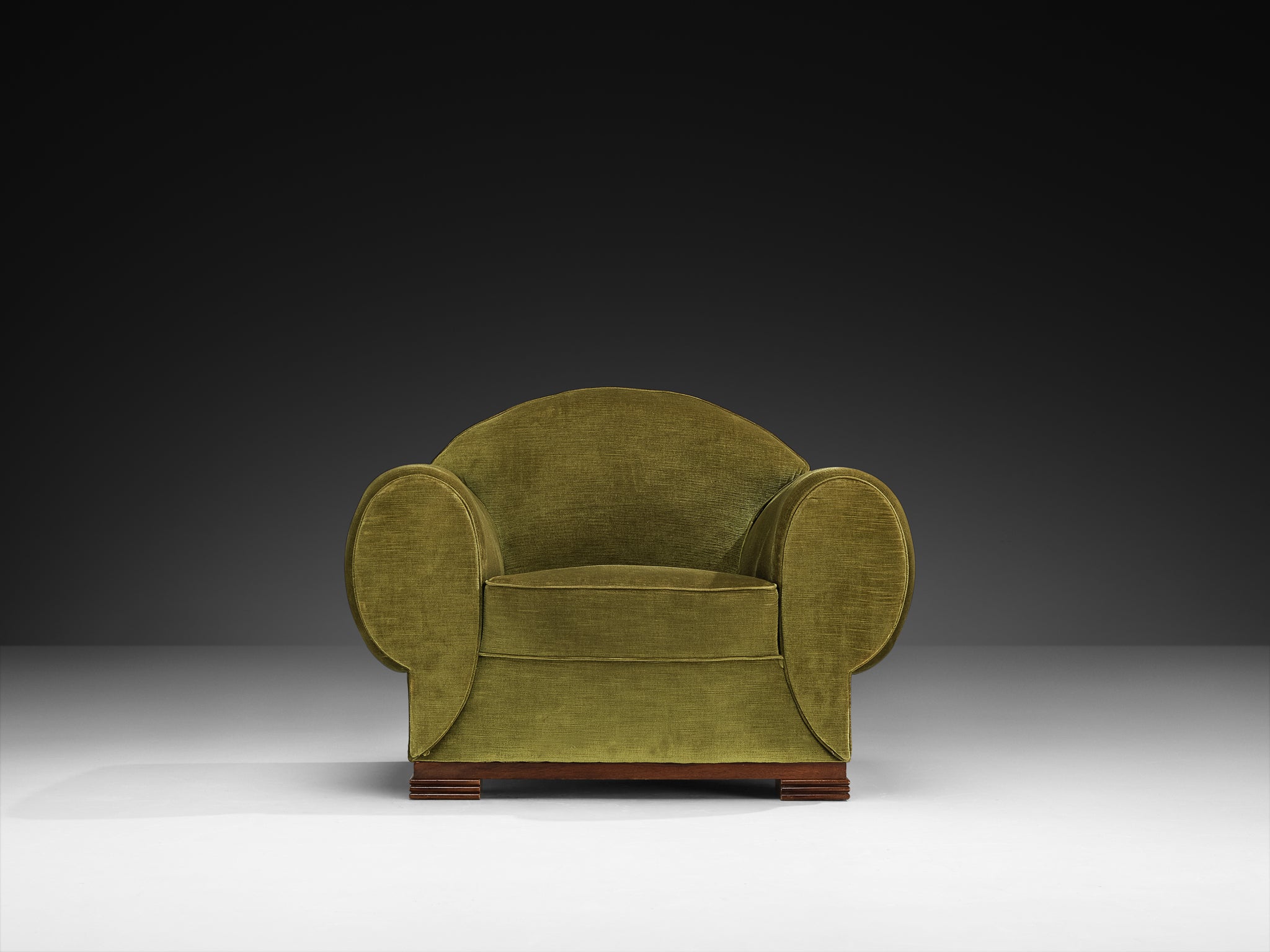 René Drouet Pair of Lounge Chairs in Olive Green Corduroy and Walnut Seating Morentz